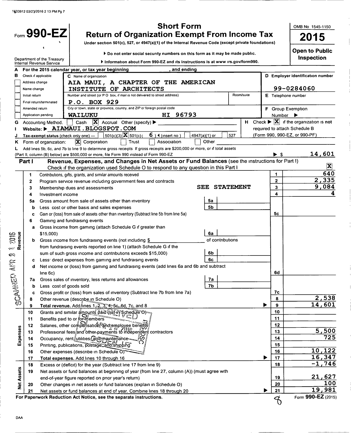 Image of first page of 2015 Form 990EO for Aia Maui A Chapter of the American Institute of Architects