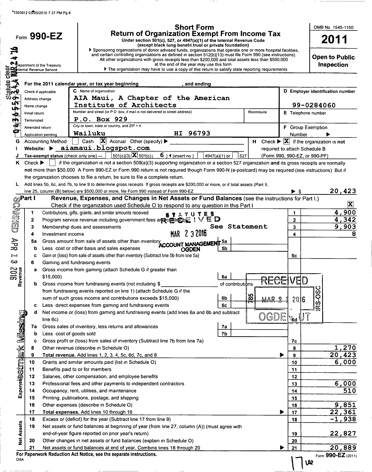 Image of first page of 2011 Form 990EO for Aia Maui A Chapter of the American Institute of Architects