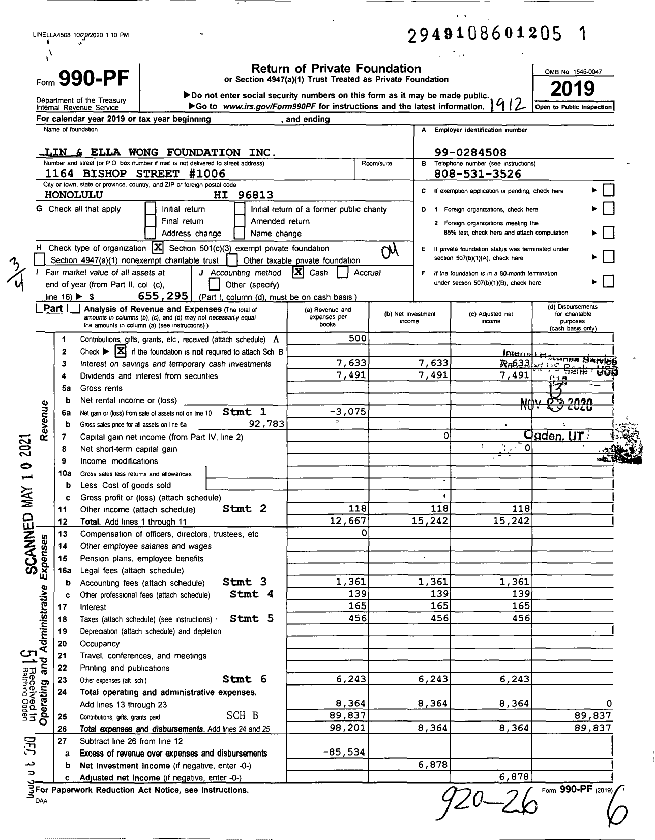 Image of first page of 2019 Form 990PF for Lin and Ella Wong Foundation