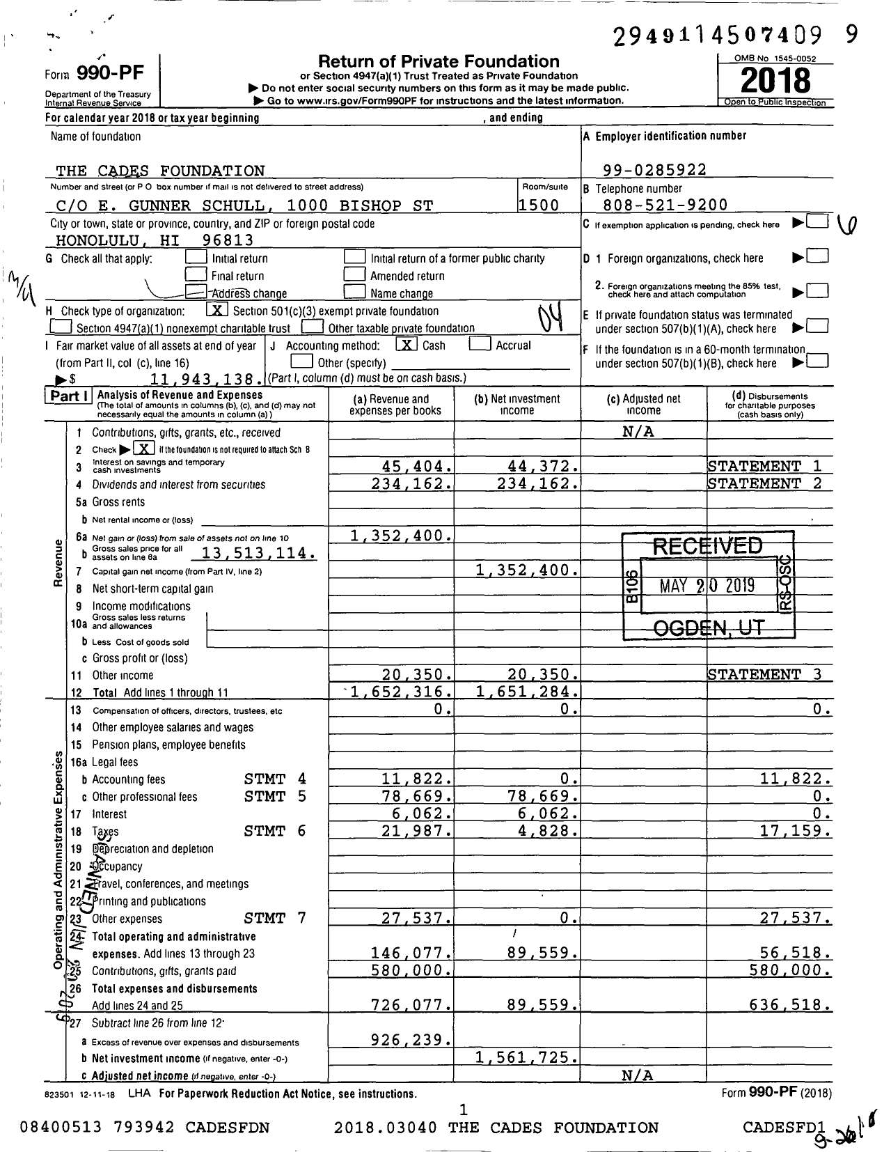 Image of first page of 2018 Form 990PF for The Cades Foundation