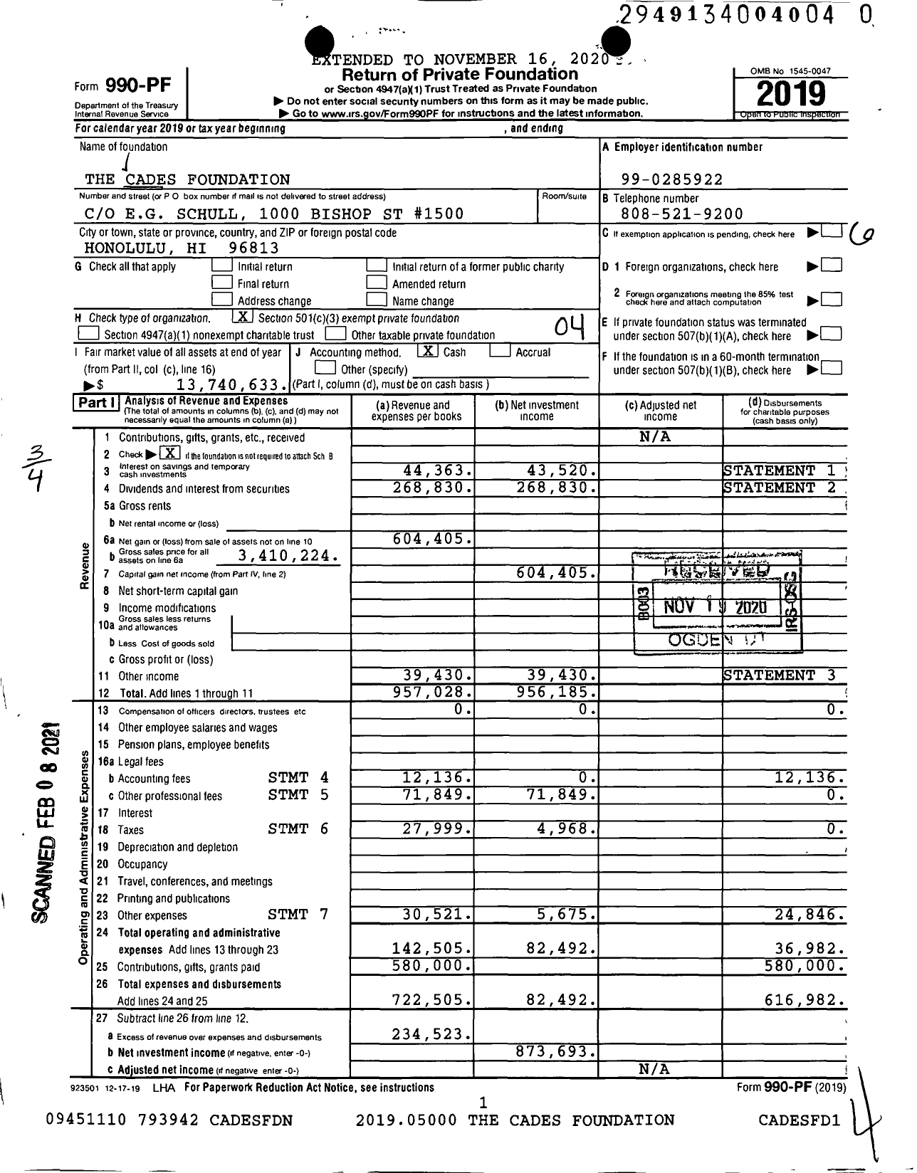 Image of first page of 2019 Form 990PF for The Cades Foundation