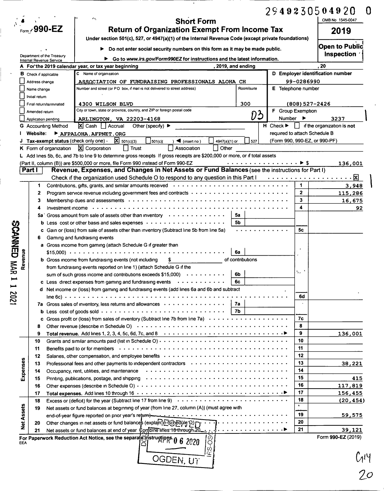 Image of first page of 2019 Form 990EZ for Association of Fundraising Professionals - Hi-Aloha Chapter