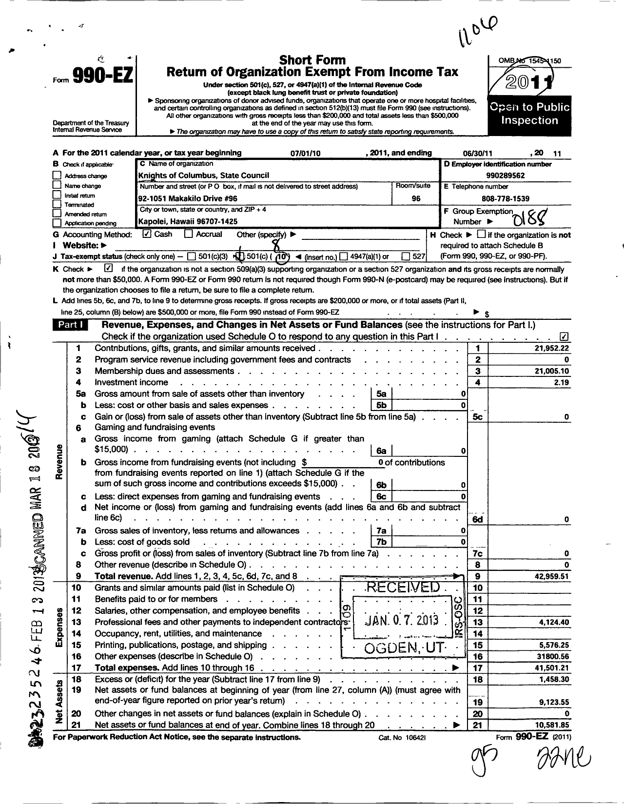 Image of first page of 2010 Form 990EO for Knights of Columbus - Hawaii State Council