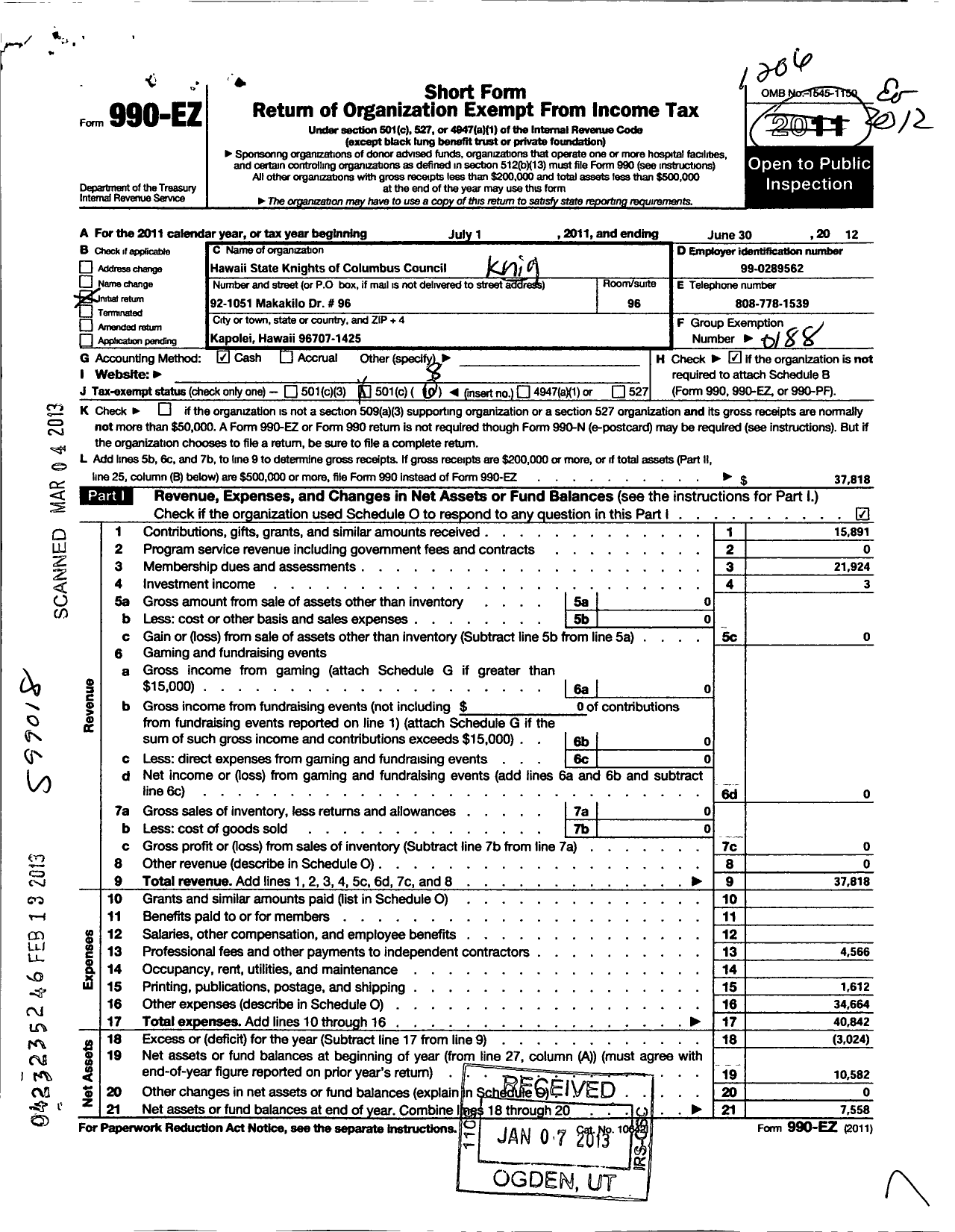 Image of first page of 2011 Form 990EO for Knights of Columbus - Hawaii State Council