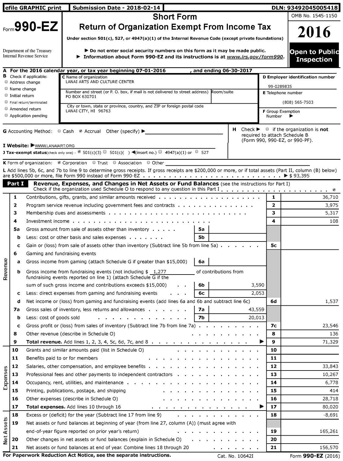 Image of first page of 2016 Form 990EZ for Lanai Arts and Culture Center