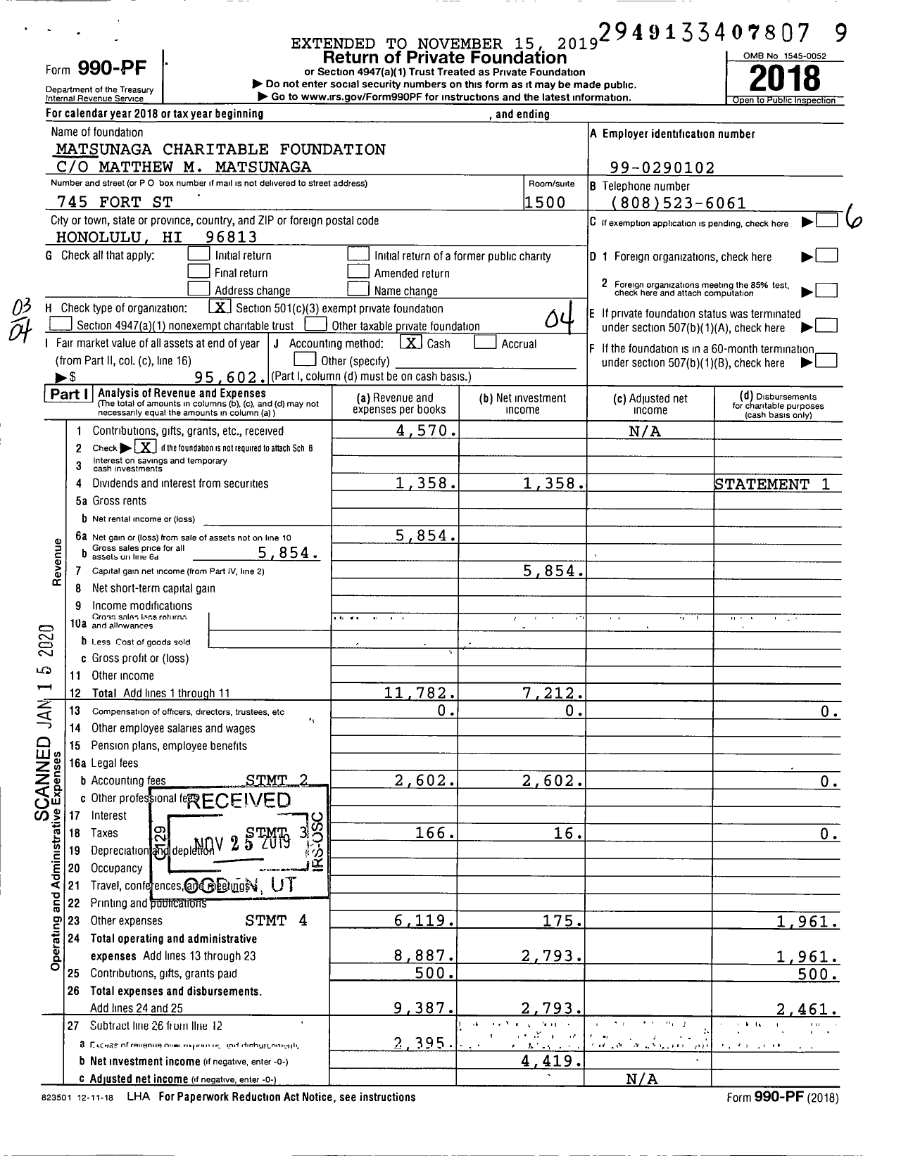 Image of first page of 2018 Form 990PF for Matsunaga Charitable Foundation