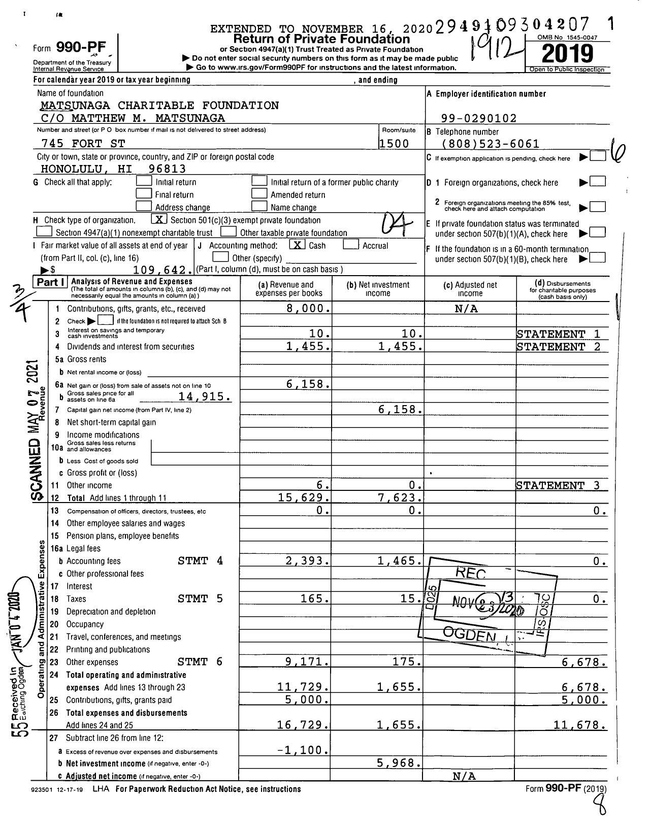 Image of first page of 2019 Form 990PF for Matsunaga Charitable Foundation