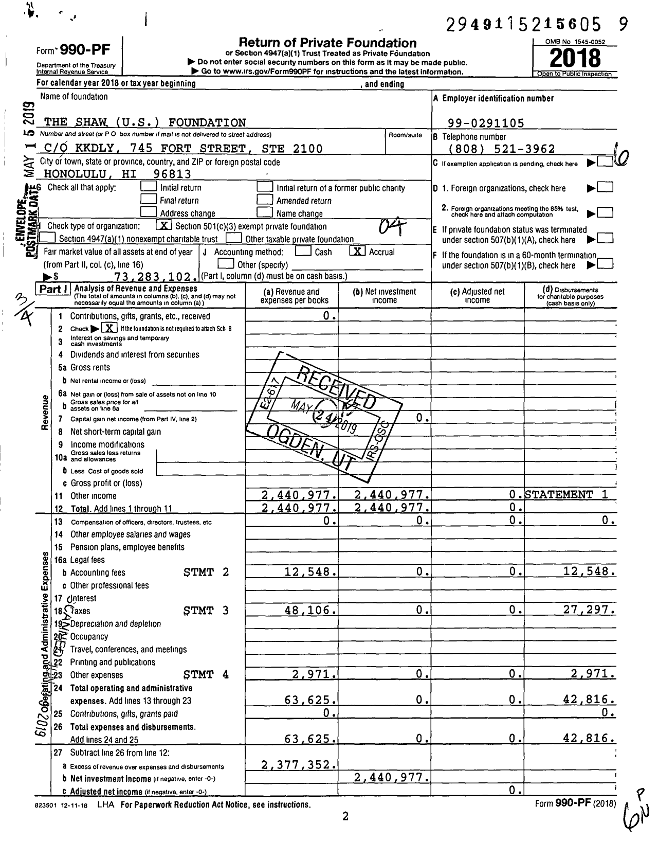 Image of first page of 2018 Form 990PF for The Shaw
