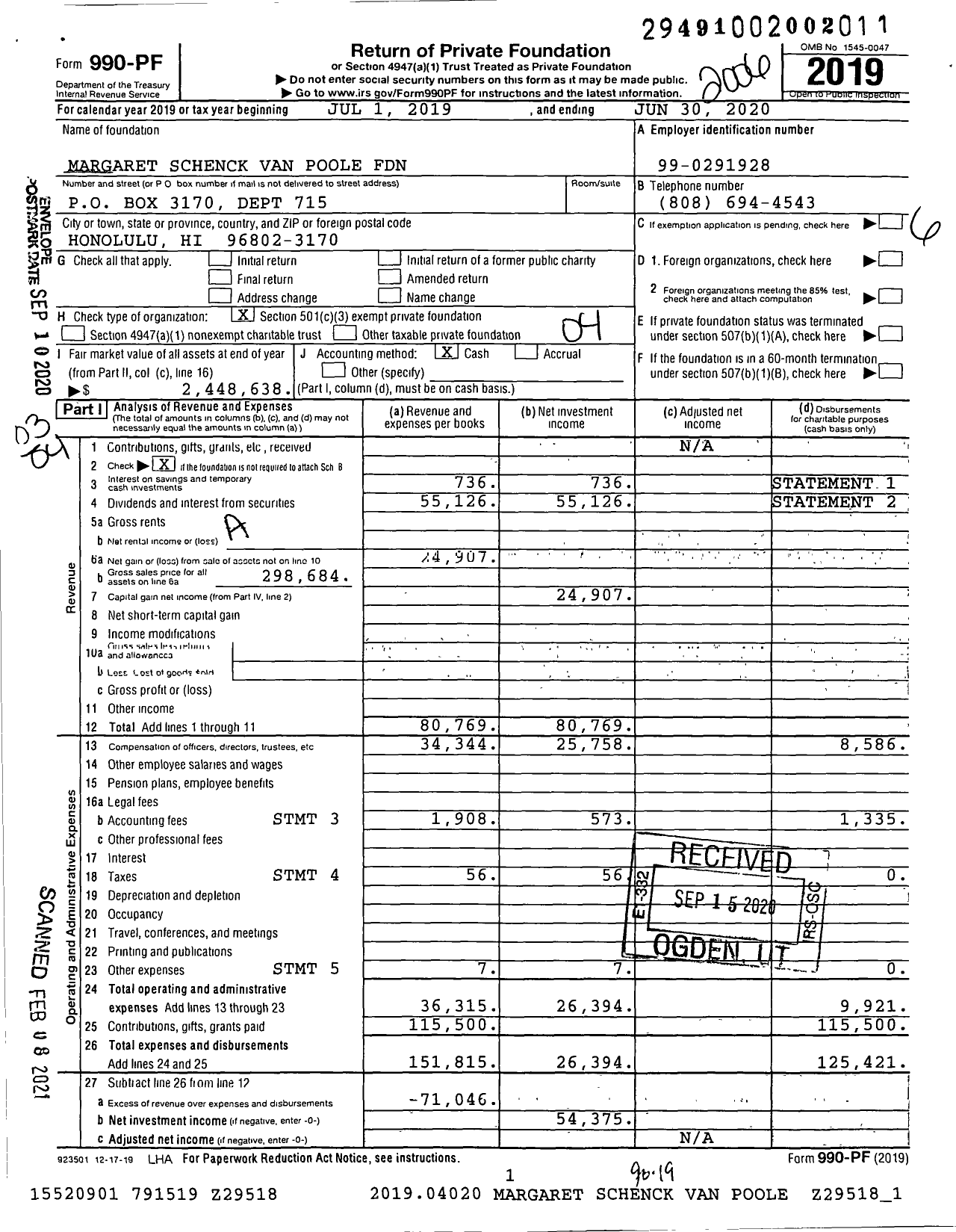 Image of first page of 2019 Form 990PF for Margaret Schenck Van Poole Foundation