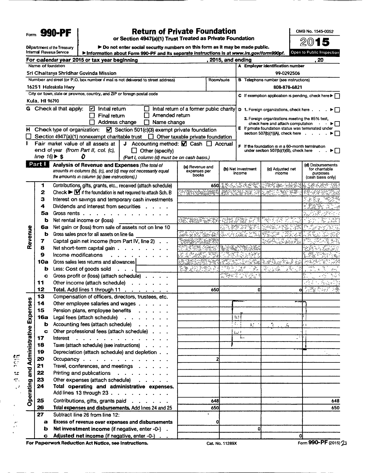 Image of first page of 2015 Form 990PF for Shri Chaitanya Shridhar Govinda Mission