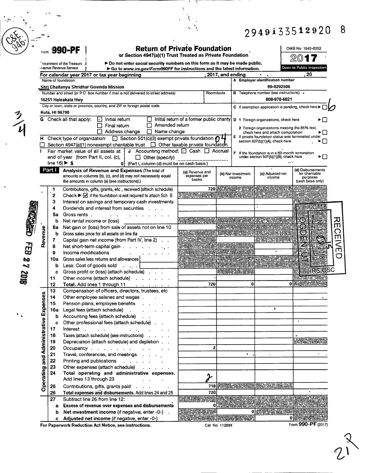 Image of first page of 2017 Form 990PF for Shri Chaitanya Shridhar Govinda Mission