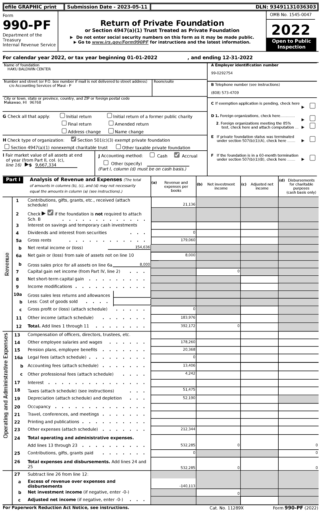 Image of first page of 2022 Form 990PF for Haku Baldwin Center (HBC)