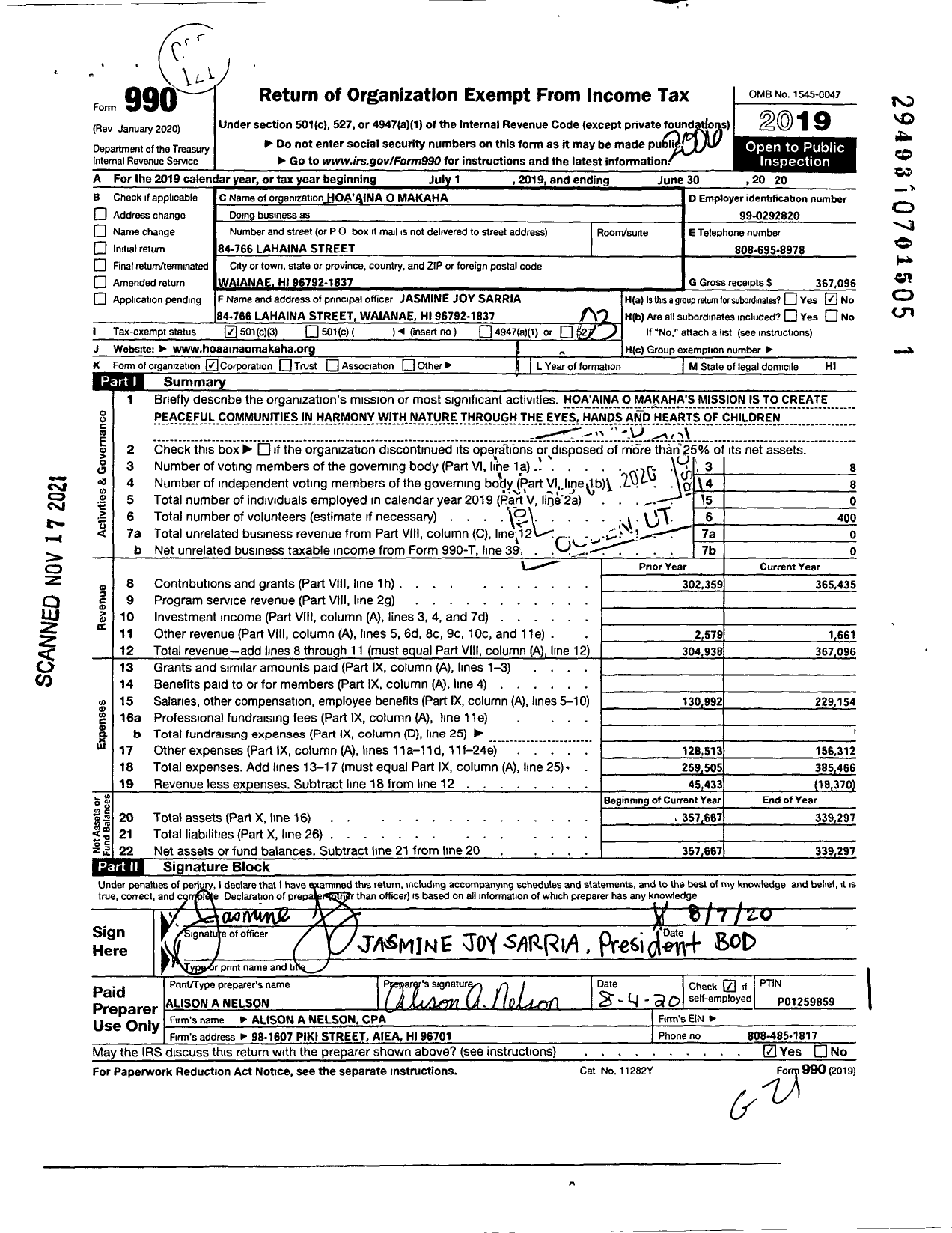 Image of first page of 2019 Form 990 for Hoa Aina O Makaha