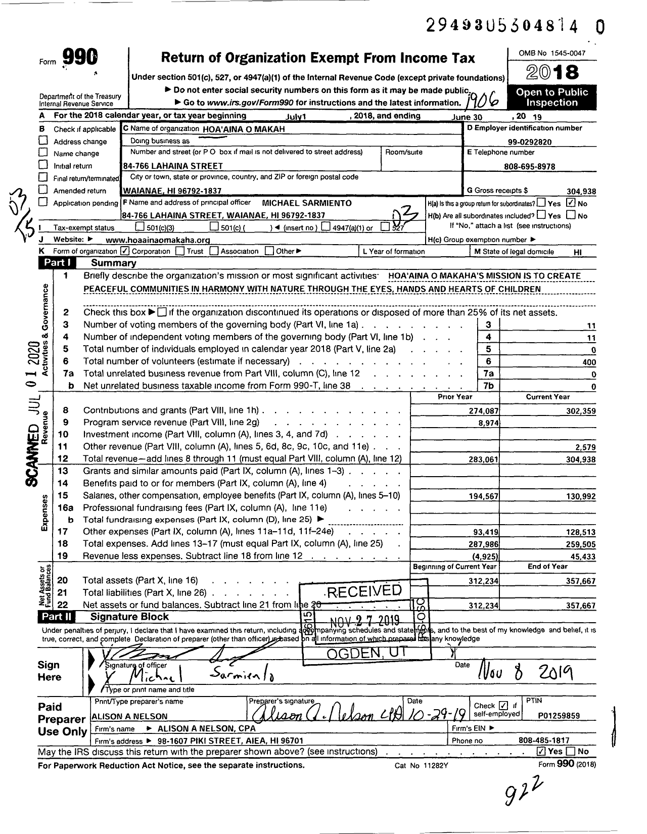 Image of first page of 2018 Form 990 for Hoa Aina O Makaha