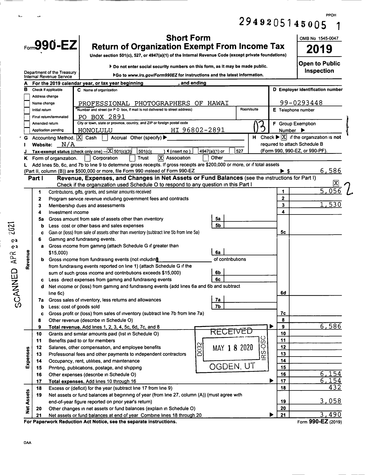 Image of first page of 2019 Form 990EZ for Professional Photographers of Hawaii