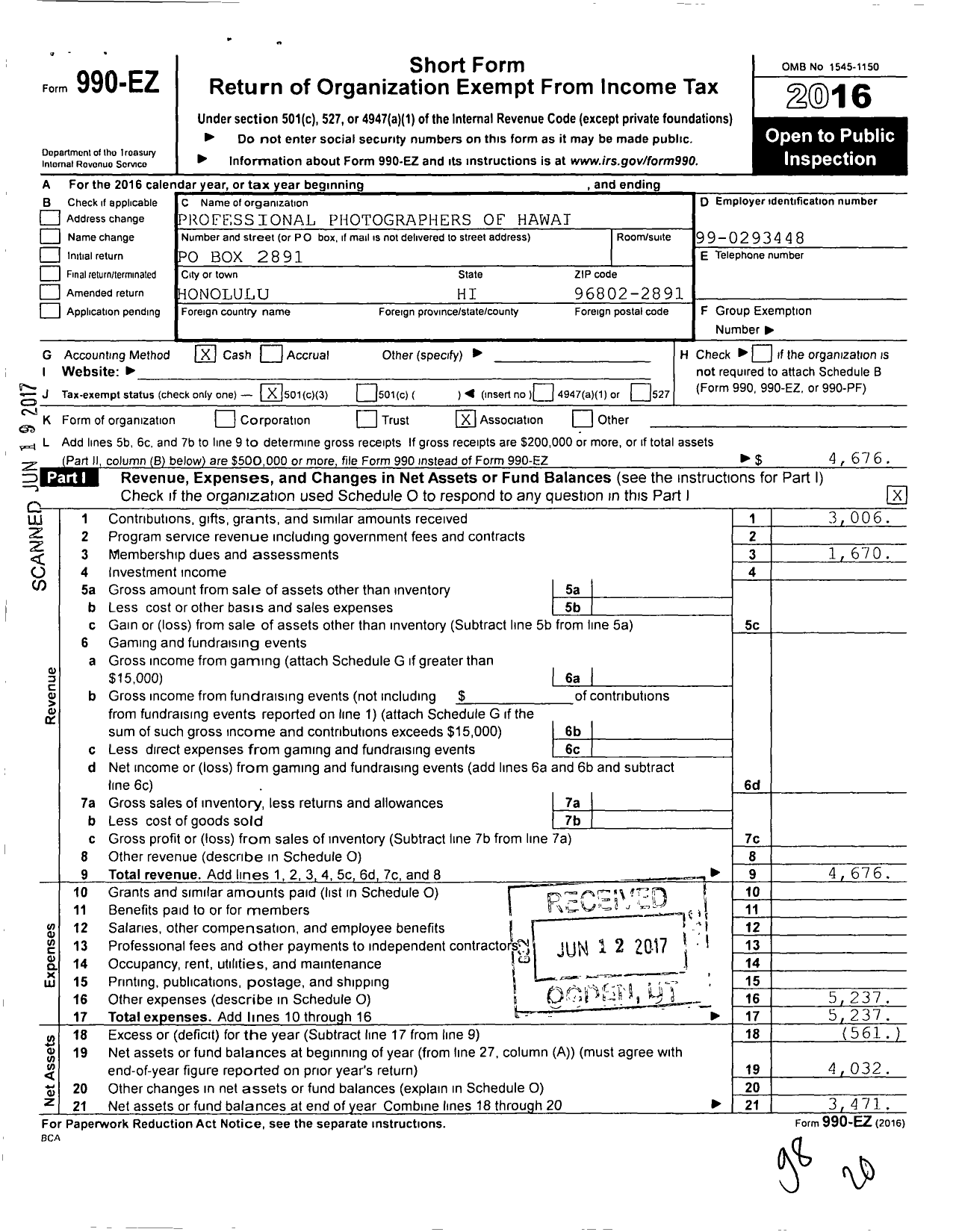 Image of first page of 2016 Form 990EZ for Professional Photographers of Hawaii