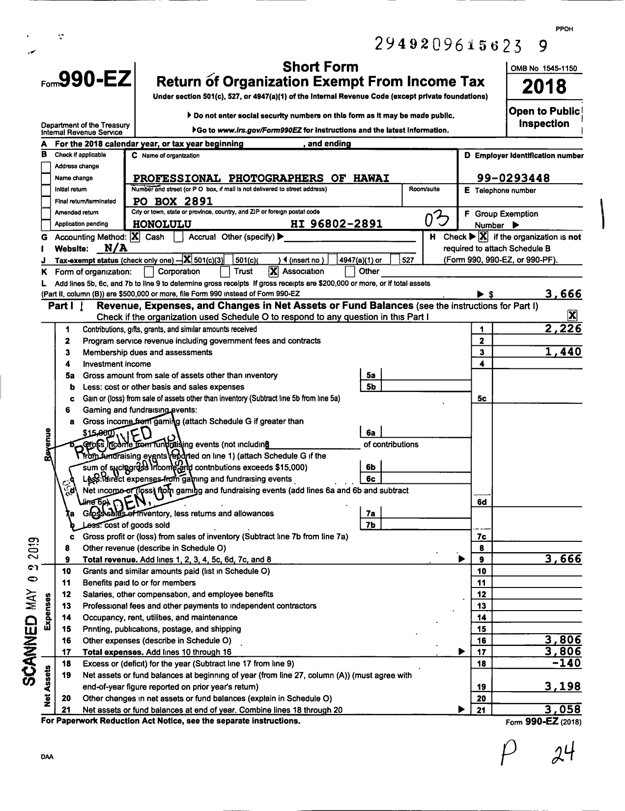 Image of first page of 2018 Form 990EZ for Professional Photographers of Hawaii