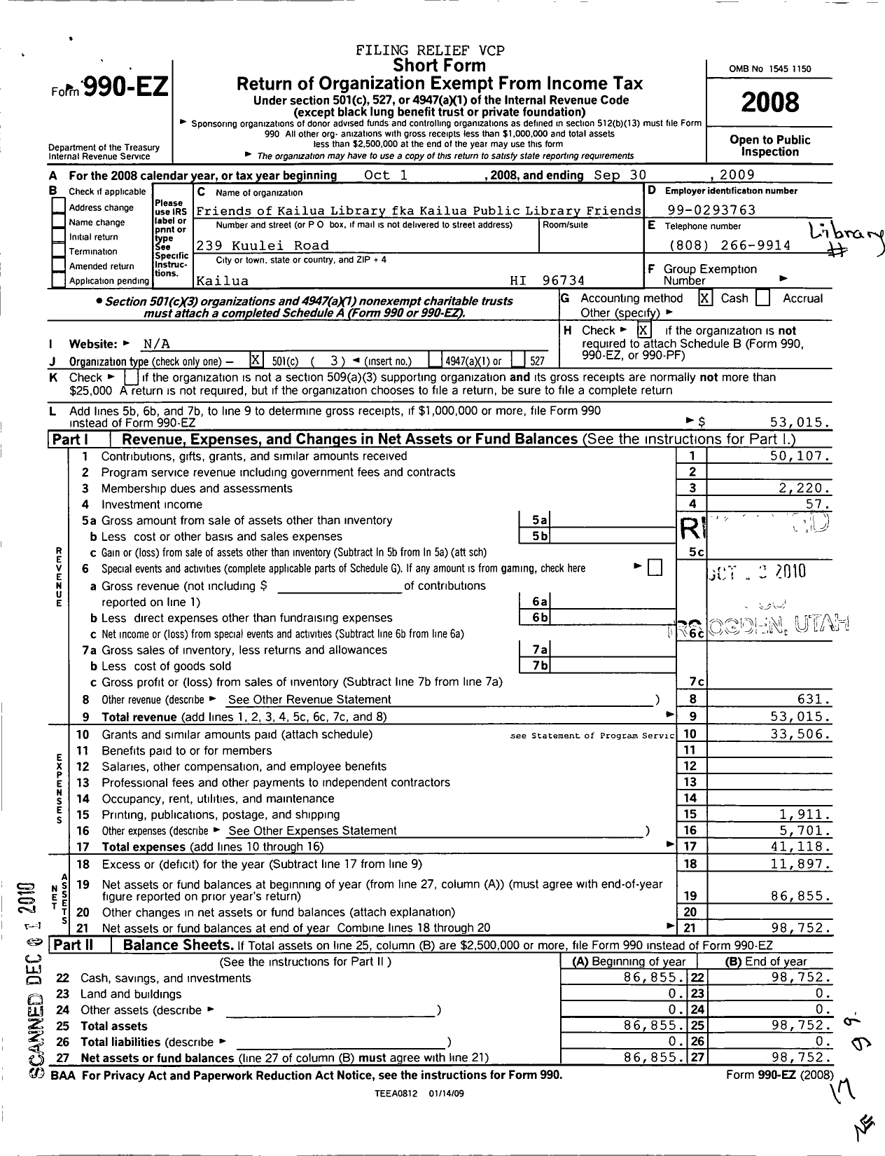 Image of first page of 2008 Form 990EZ for Friends of the Library of Hawaii / Friends of the Kailua Library