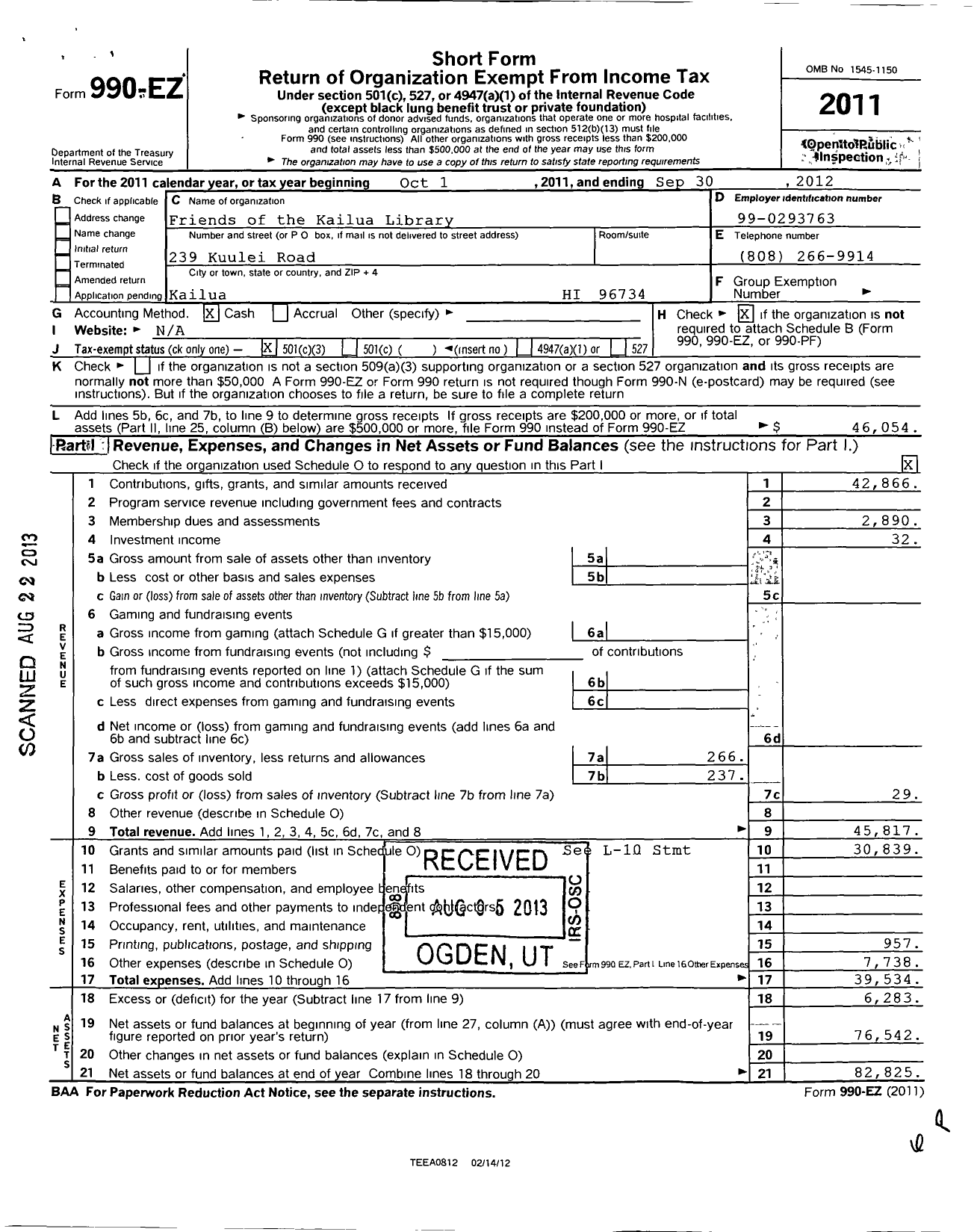 Image of first page of 2011 Form 990EZ for Friends of the Library of Hawaii / Friends of the Kailua Library