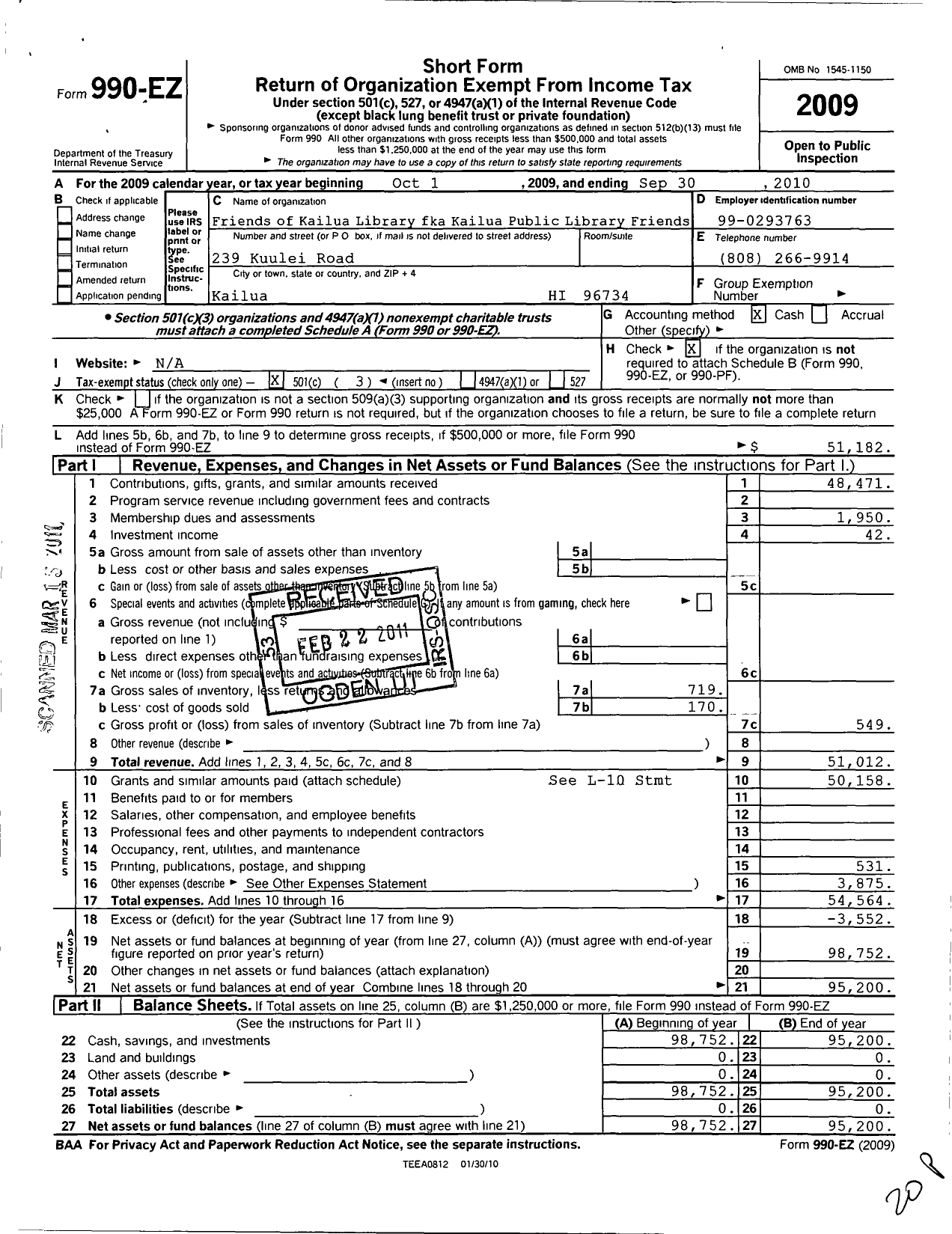 Image of first page of 2009 Form 990EZ for Friends of the Library of Hawaii / Friends of the Kailua Library