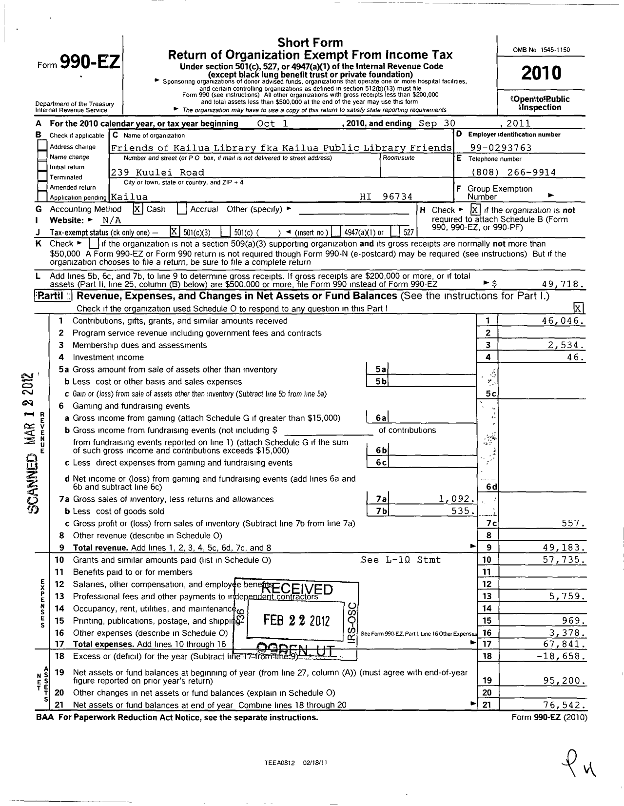 Image of first page of 2010 Form 990EZ for Friends of the Library of Hawaii / Friends of the Kailua Library