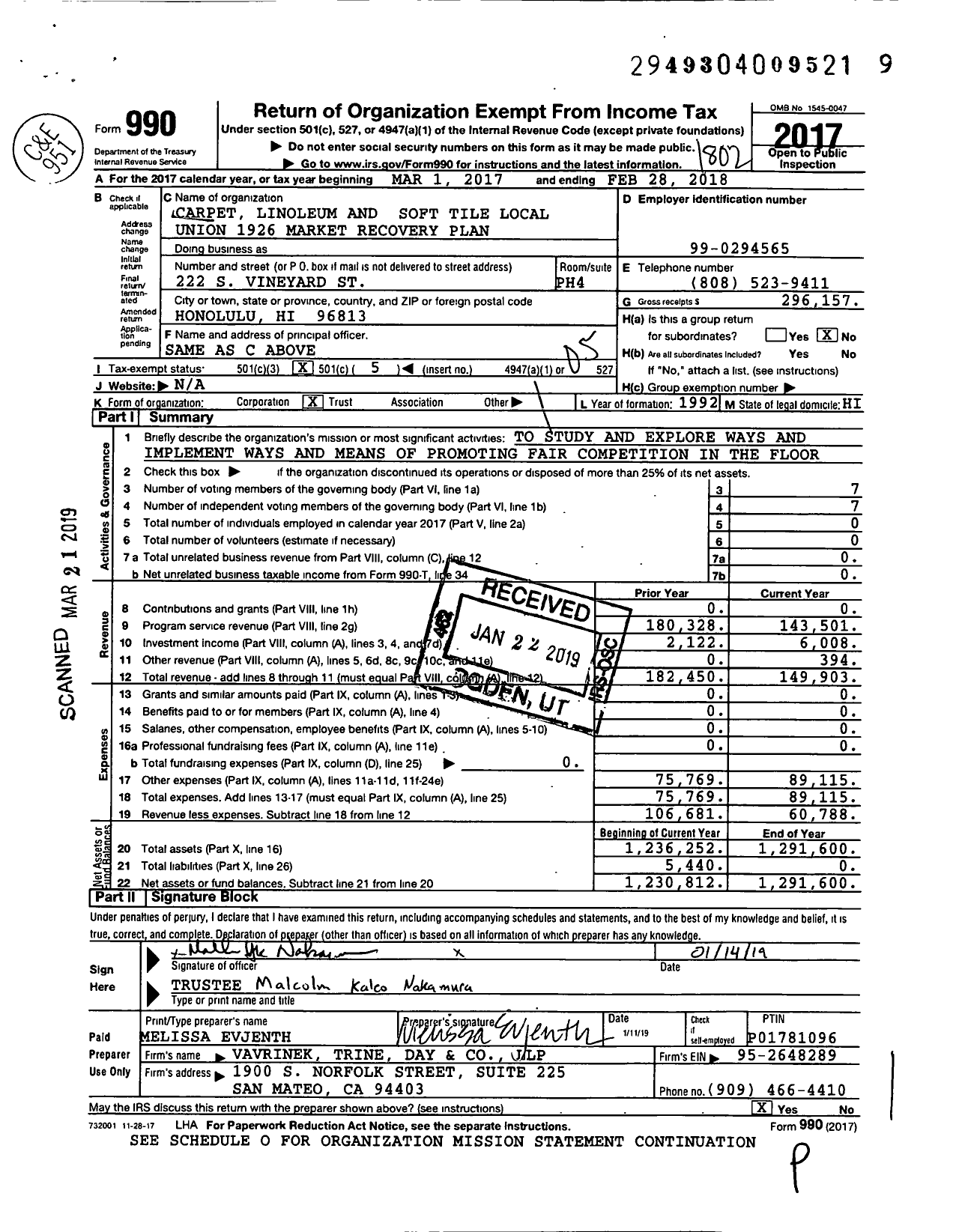 Image of first page of 2017 Form 990O for Carpet Linoleum and Soft Tile Local Union 1926 Market Recovery Plan