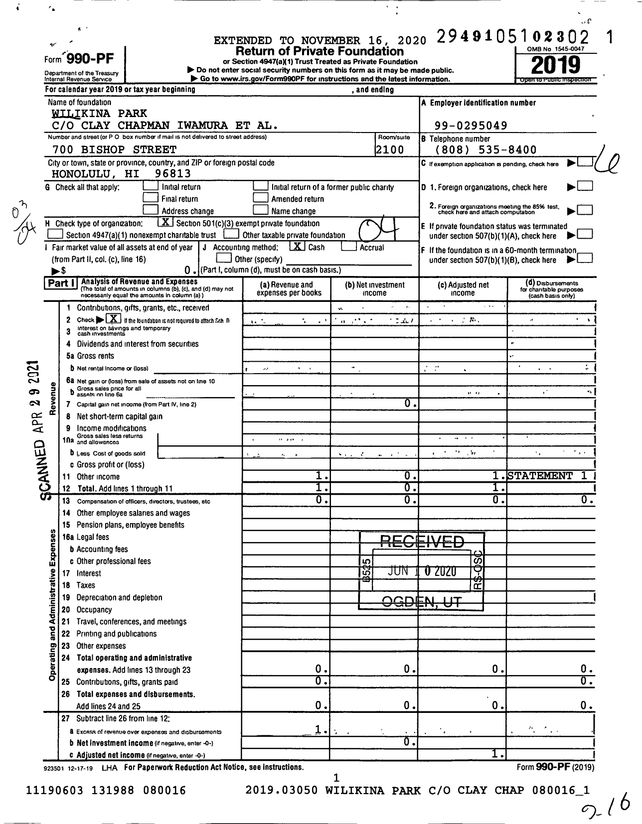 Image of first page of 2019 Form 990PF for Wilikina Park