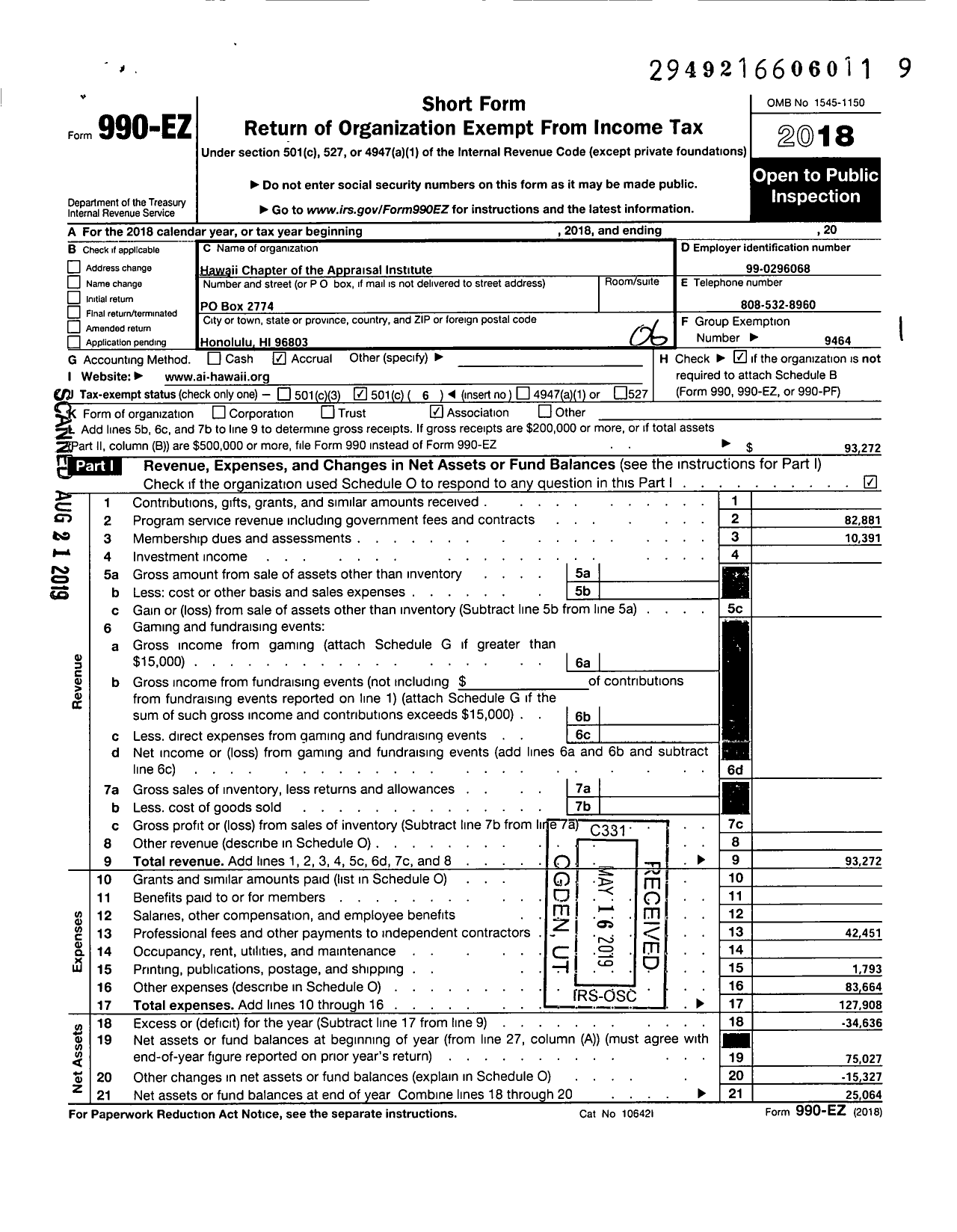 Image of first page of 2018 Form 990EO for Hawaii Chapter of the Appraisal Institute