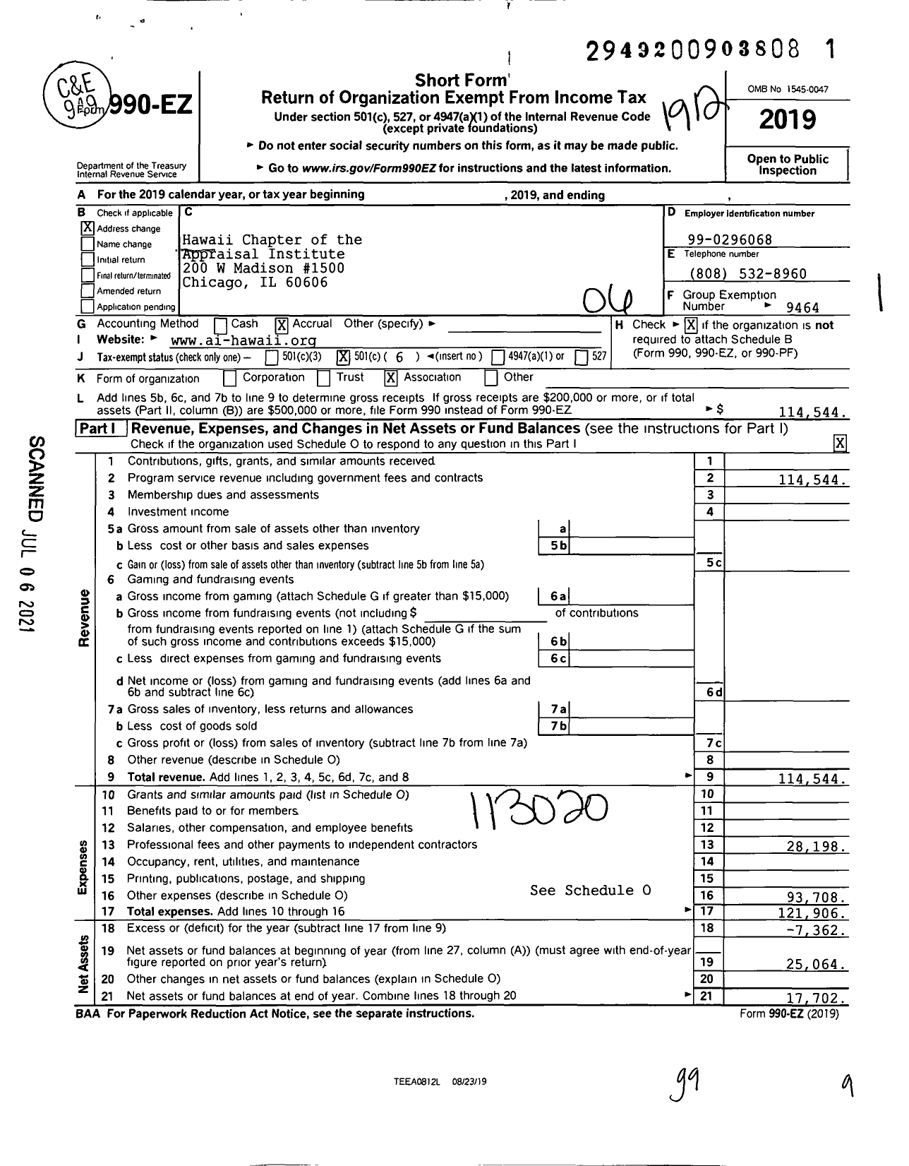 Image of first page of 2019 Form 990EO for Hawaii Chapter of the Appraisal Institute