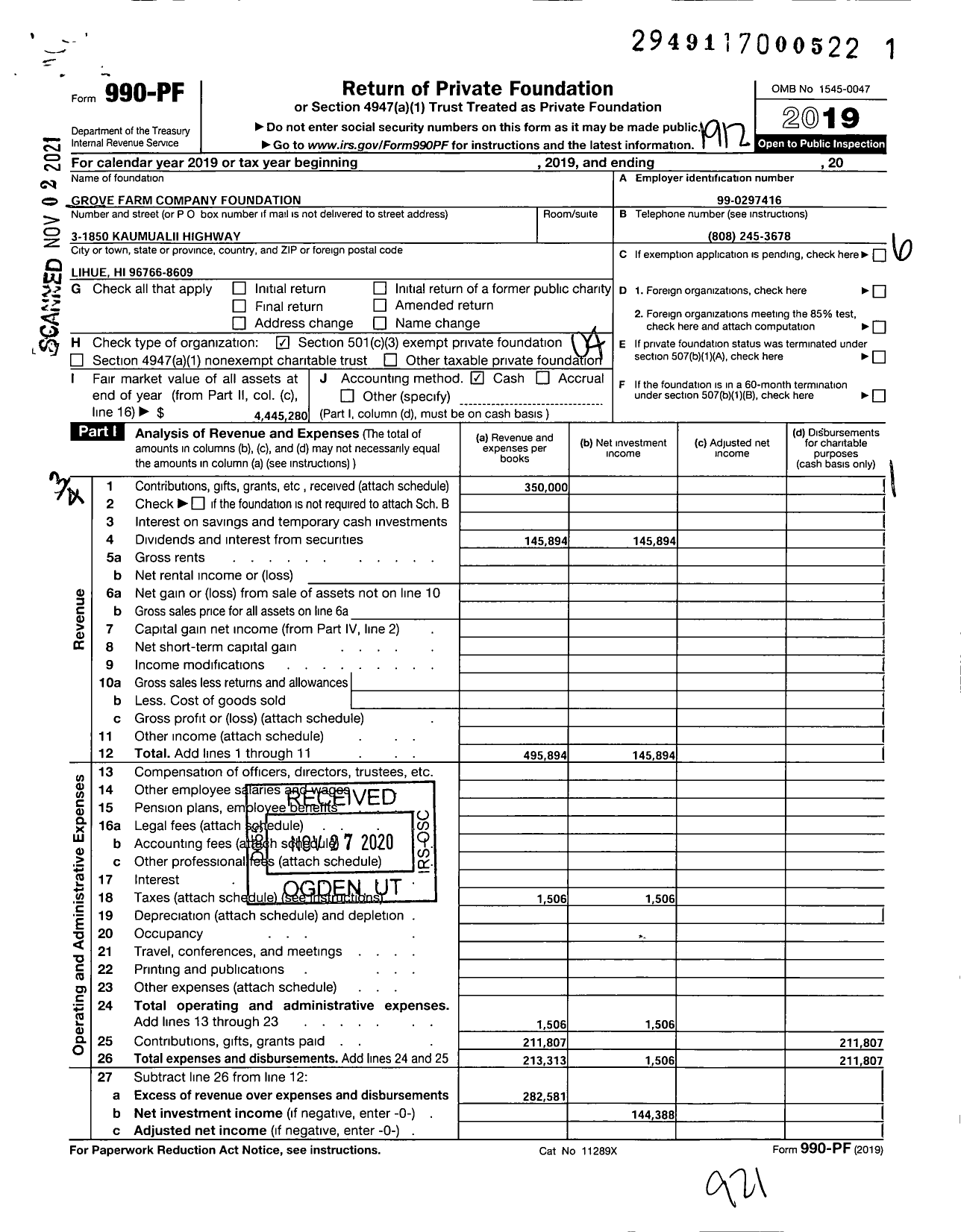 Image of first page of 2019 Form 990PF for Grove Farm Company Foundation