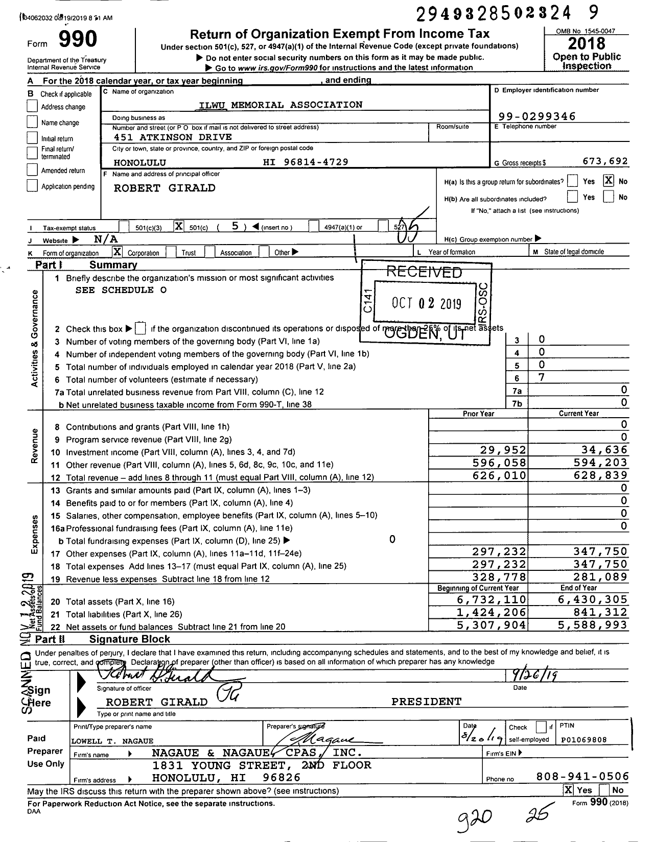 Image of first page of 2018 Form 990O for Ilwu Memorial Association