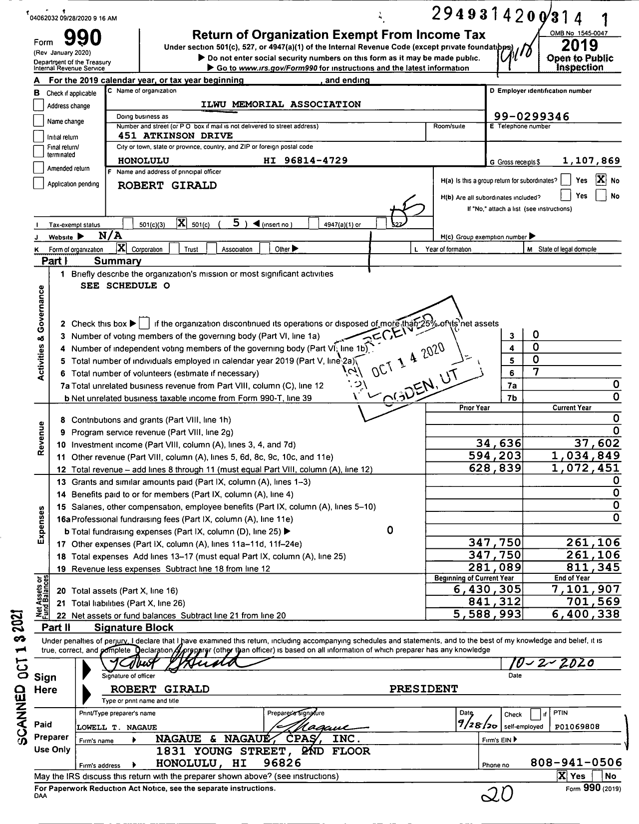 Image of first page of 2019 Form 990O for Ilwu Memorial Association