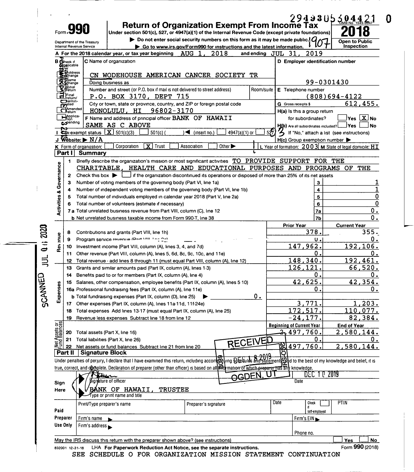 Image of first page of 2018 Form 990 for CN N Wodehouse American Cancer Society Trust