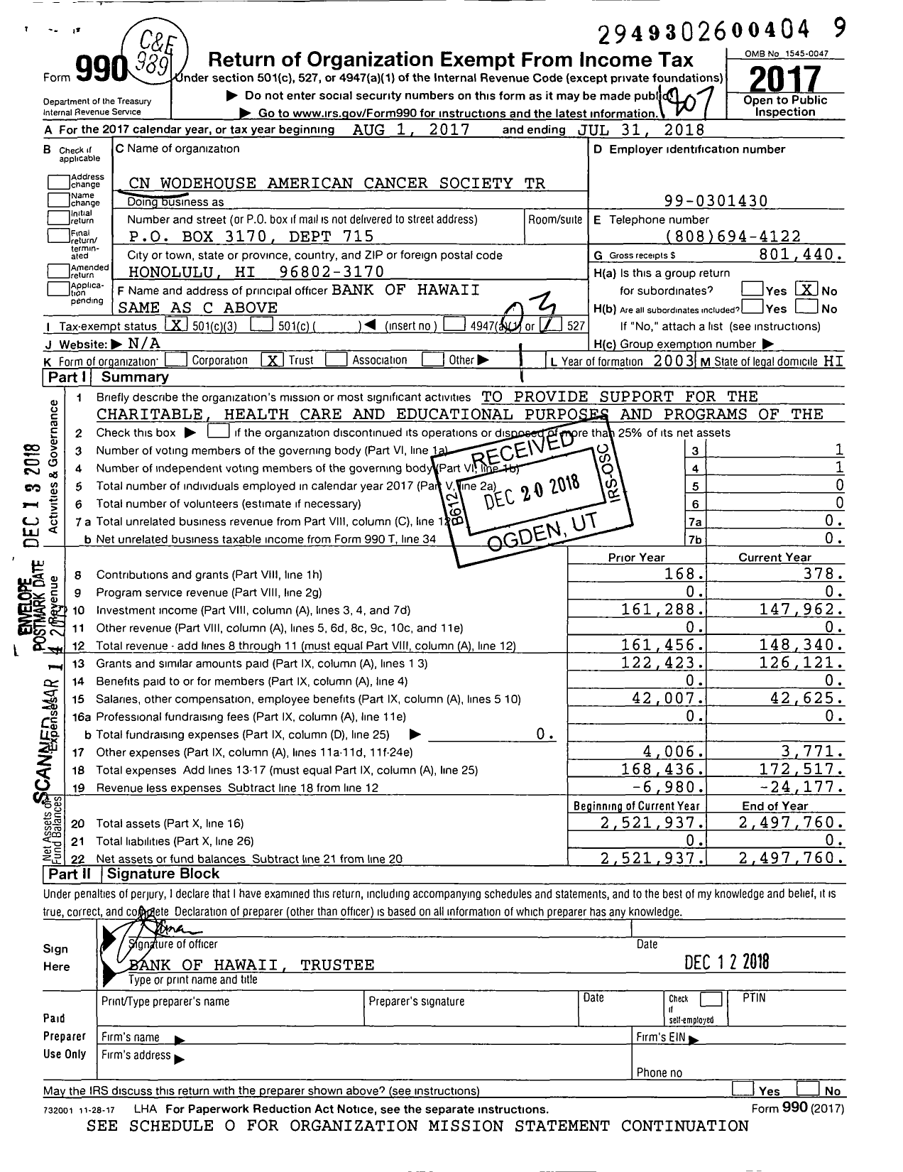 Image of first page of 2017 Form 990 for CN N Wodehouse American Cancer Society Trust