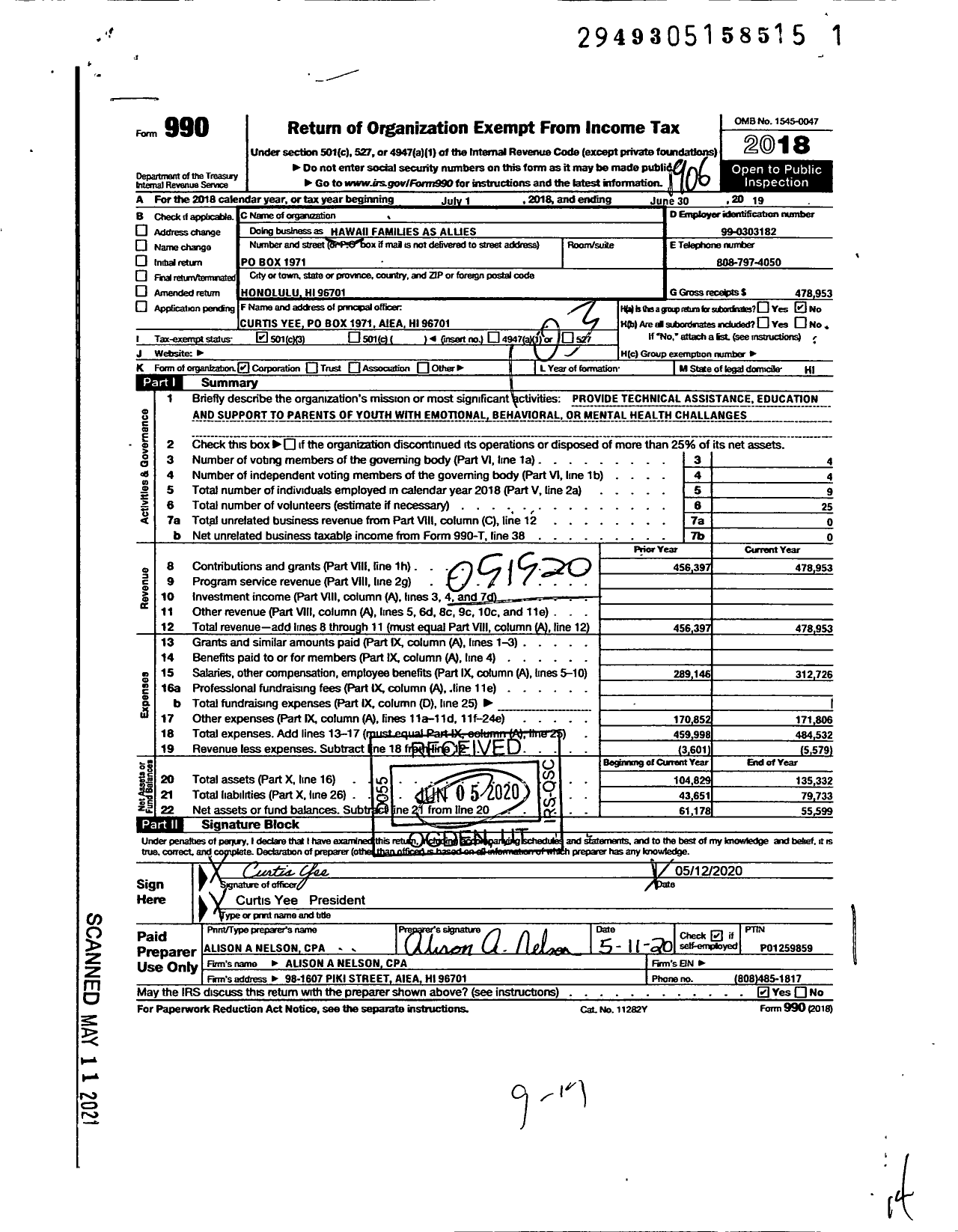 Image of first page of 2018 Form 990 for Hawaii Families As Allies