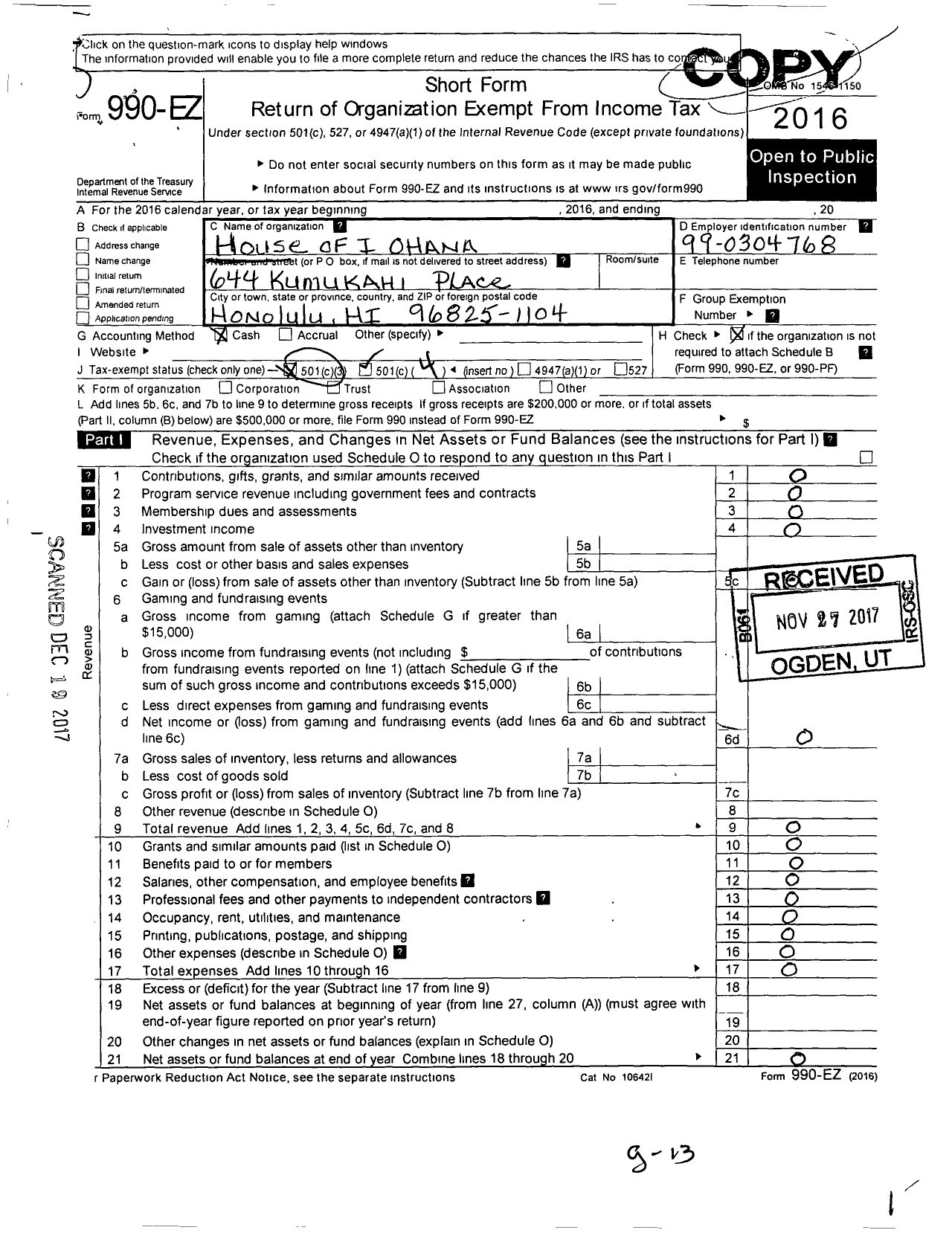 Image of first page of 2016 Form 990EO for House of I Ohana