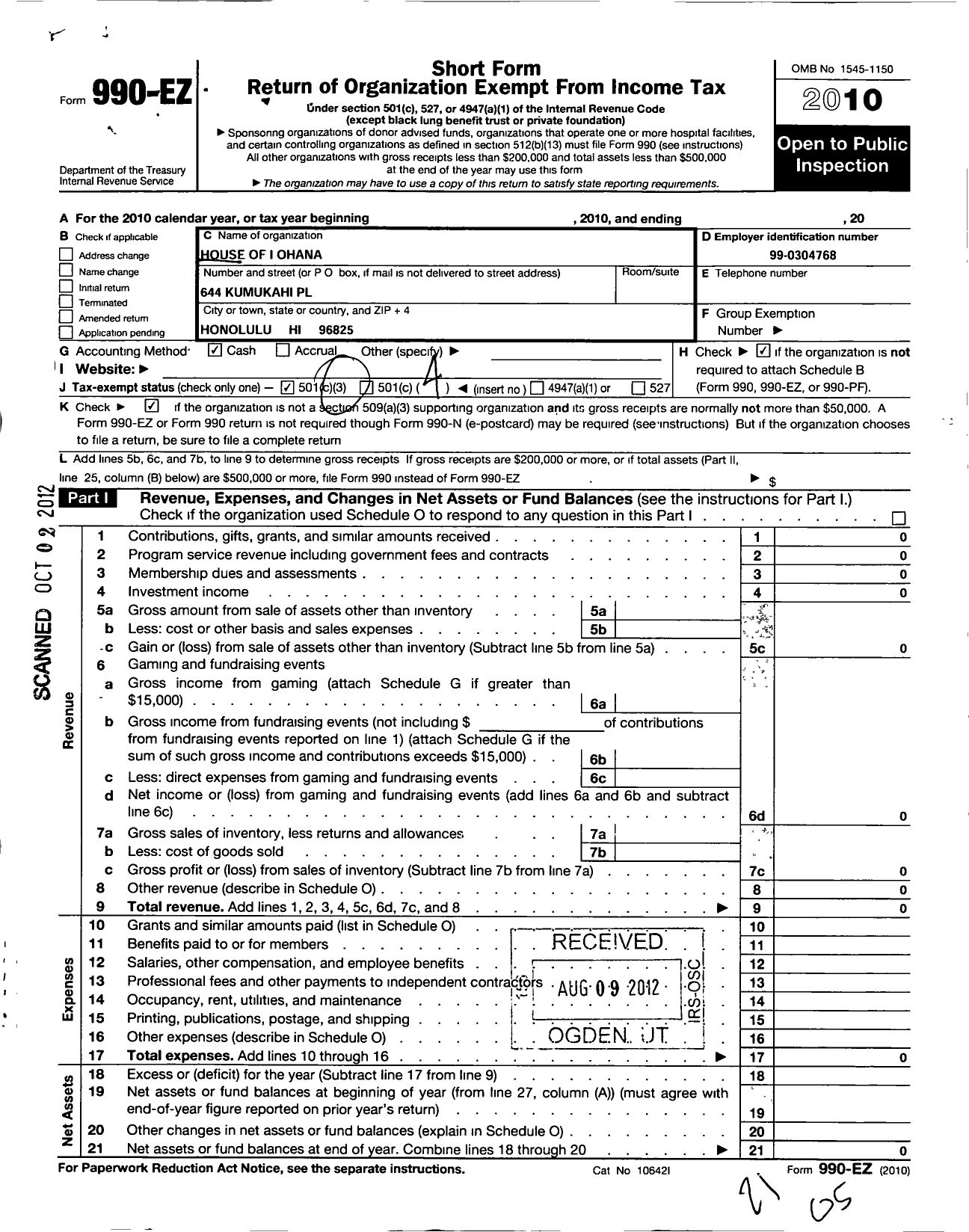 Image of first page of 2010 Form 990EO for House of I Ohana