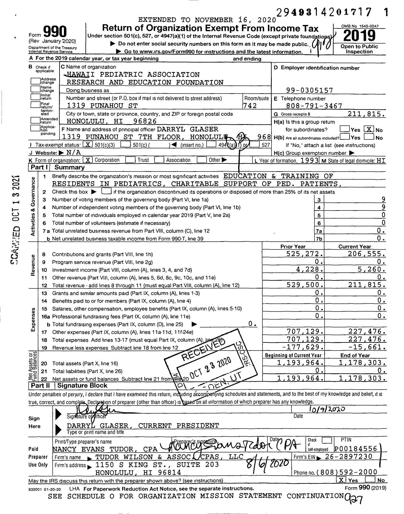 Image of first page of 2019 Form 990 for Hawaii Pediatric Association Research and Education Foundation