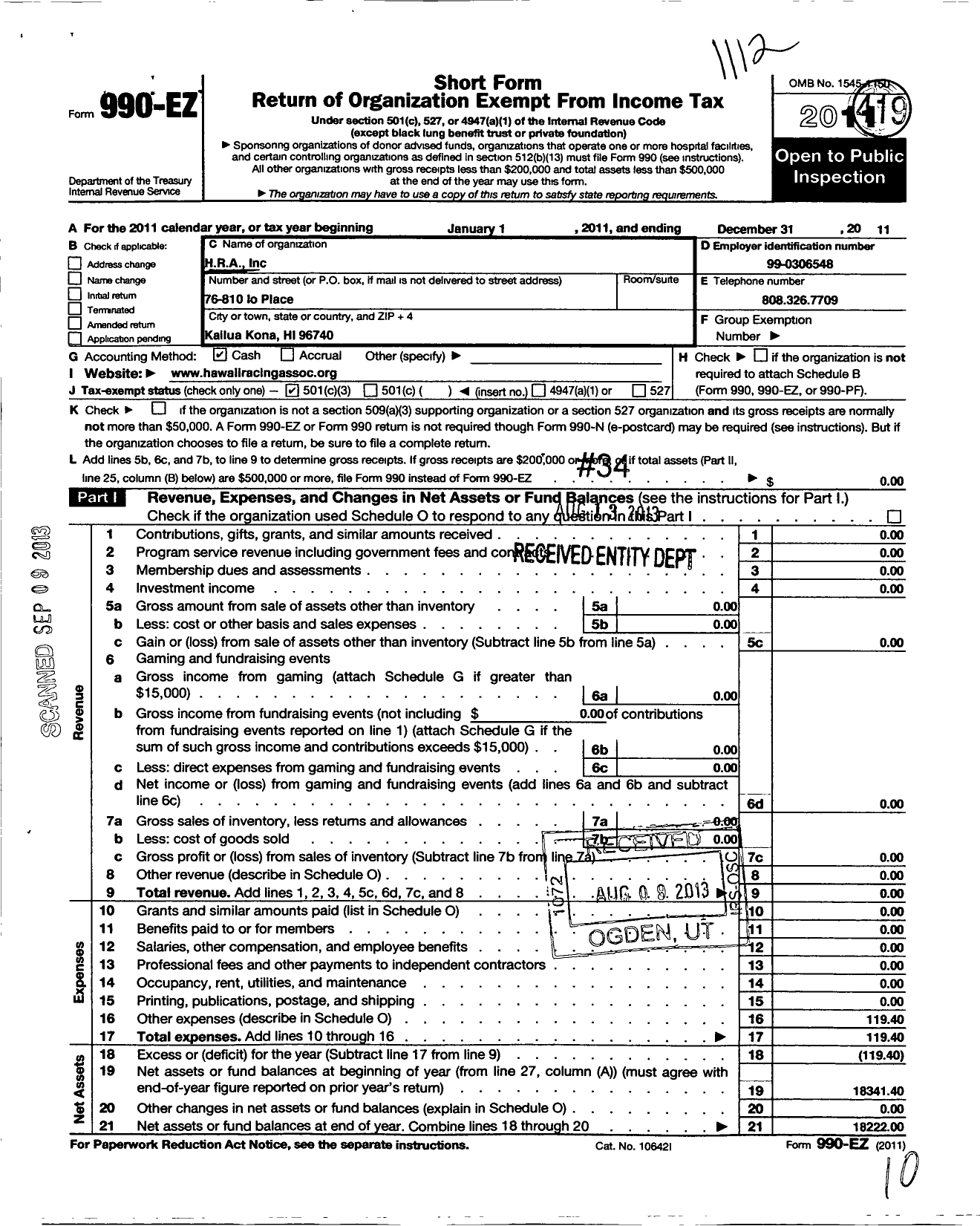 Image of first page of 2011 Form 990EZ for H R A (Hawaii Racing Association)