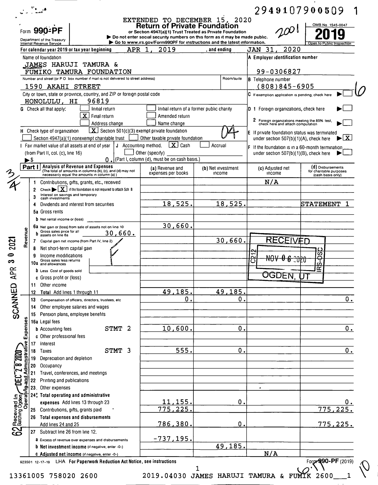 Image of first page of 2019 Form 990PF for James Haruji Tamura and Fumiko Tamura Foundation