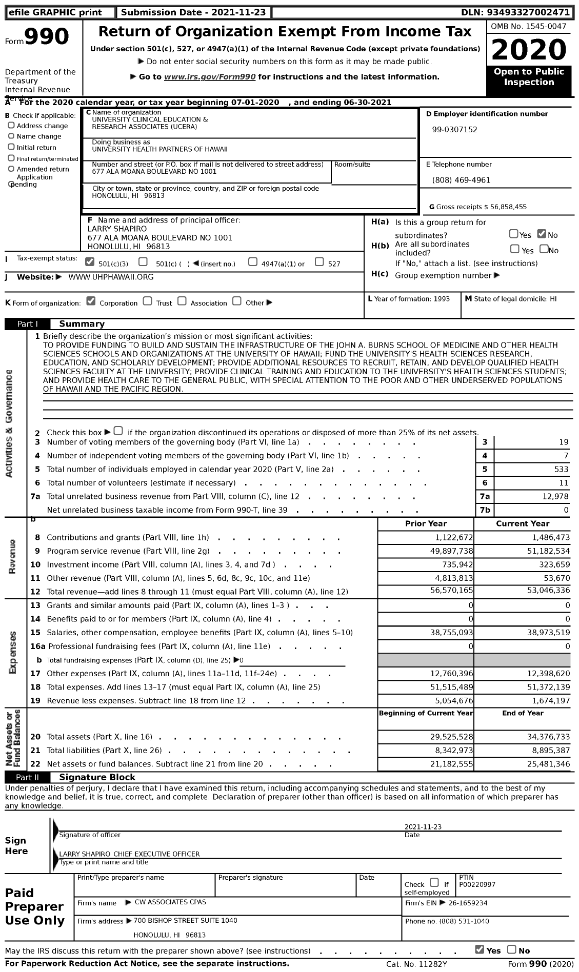 Image of first page of 2020 Form 990 for University Health Partners of Hawaii