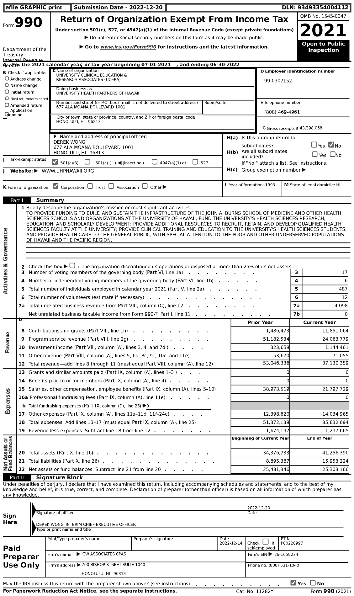 Image of first page of 2021 Form 990 for University Health Partners of Hawaii