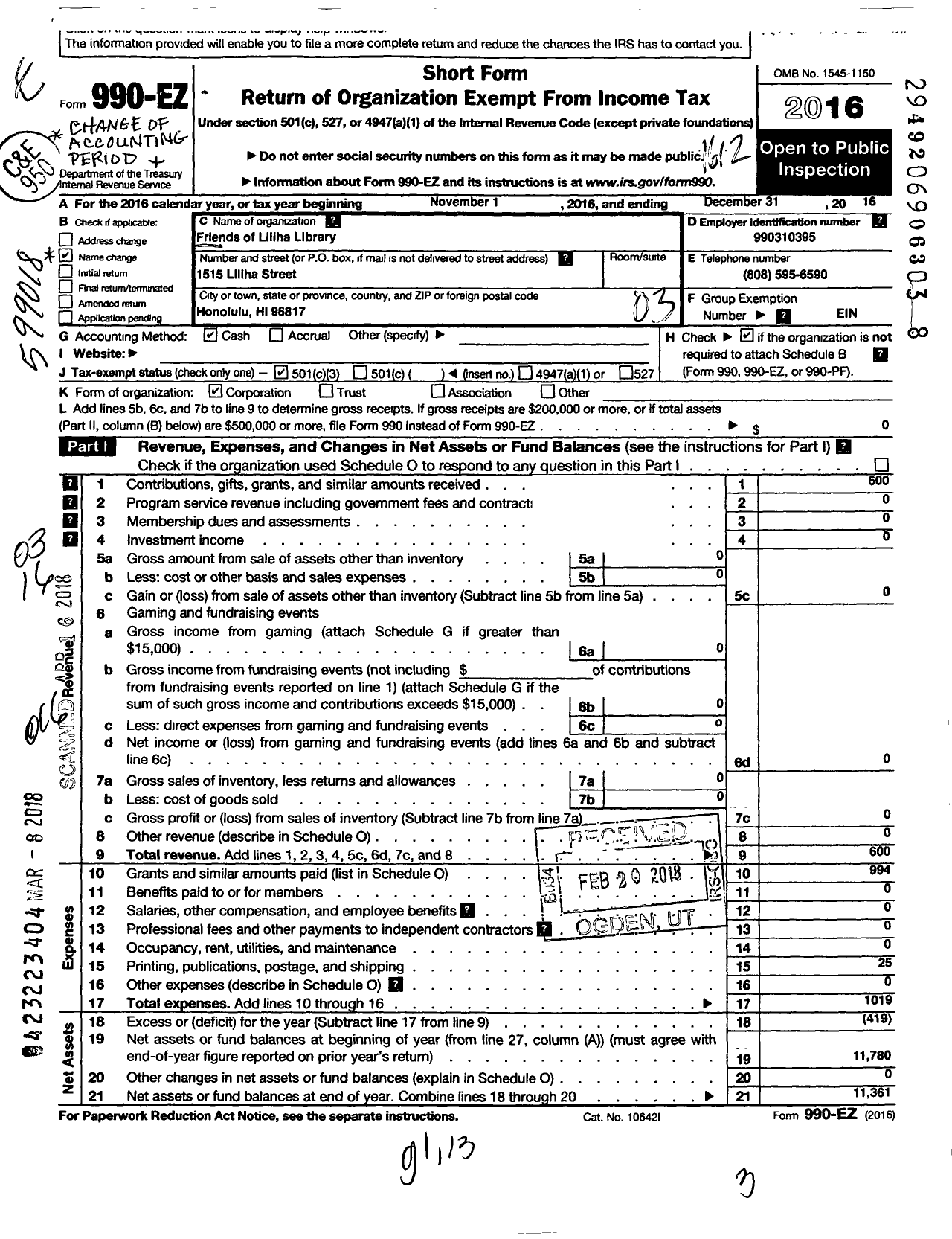 Image of first page of 2016 Form 990EZ for Friends of the Library of Hawaii / Friends of Liliha Library