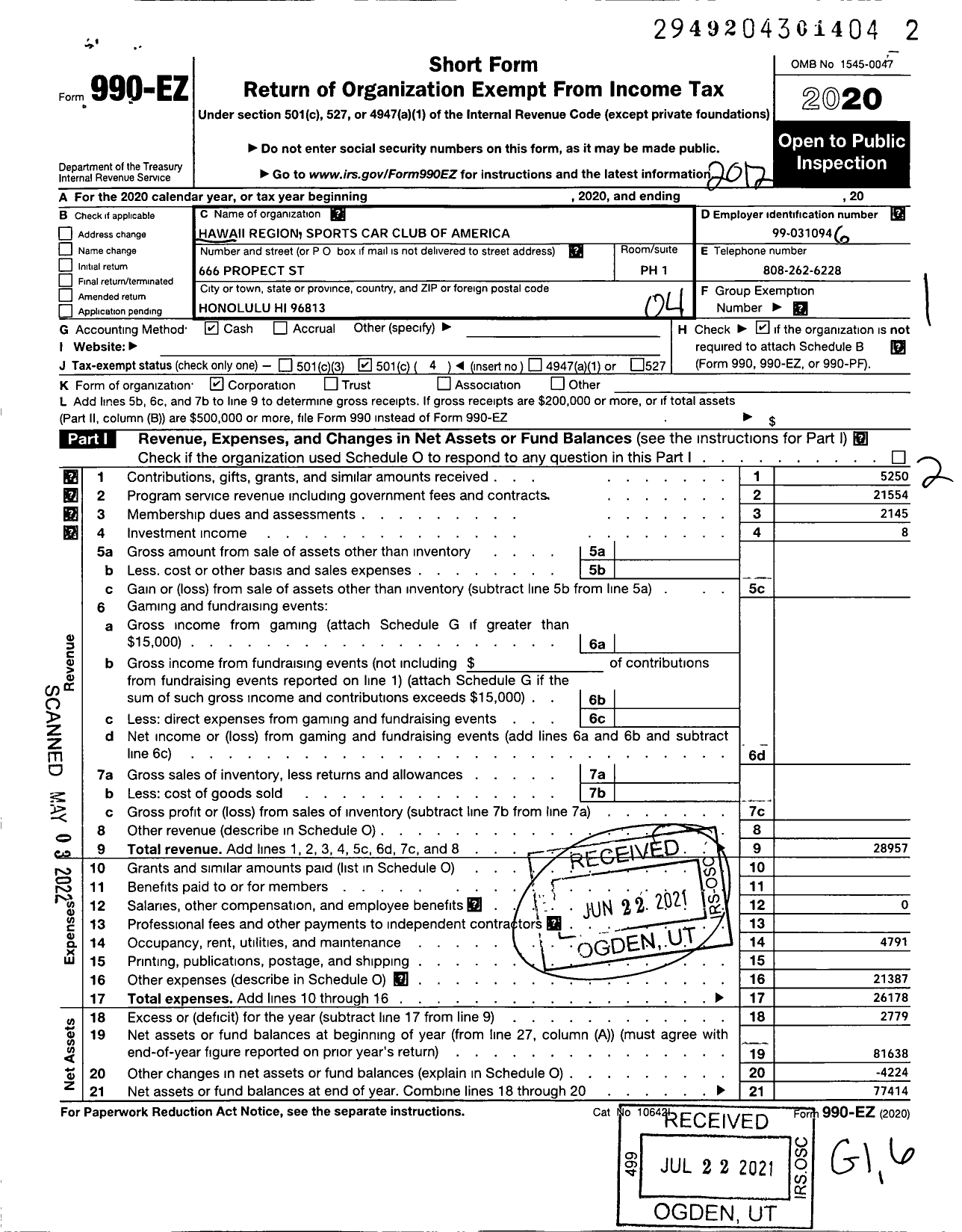 Image of first page of 2020 Form 990EO for Hawaii Region Sports Car Club of America