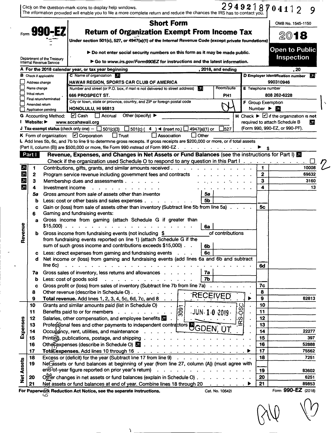 Image of first page of 2018 Form 990EO for Hawaii Region Sports Car Club of America