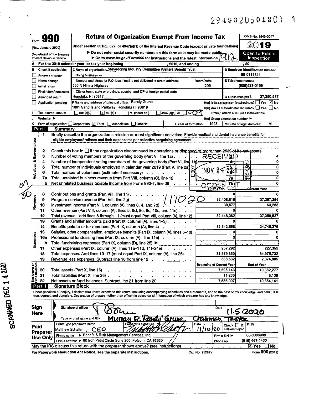 Image of first page of 2019 Form 990O for Stevedore Industry Committee Welfare Benefit Trust