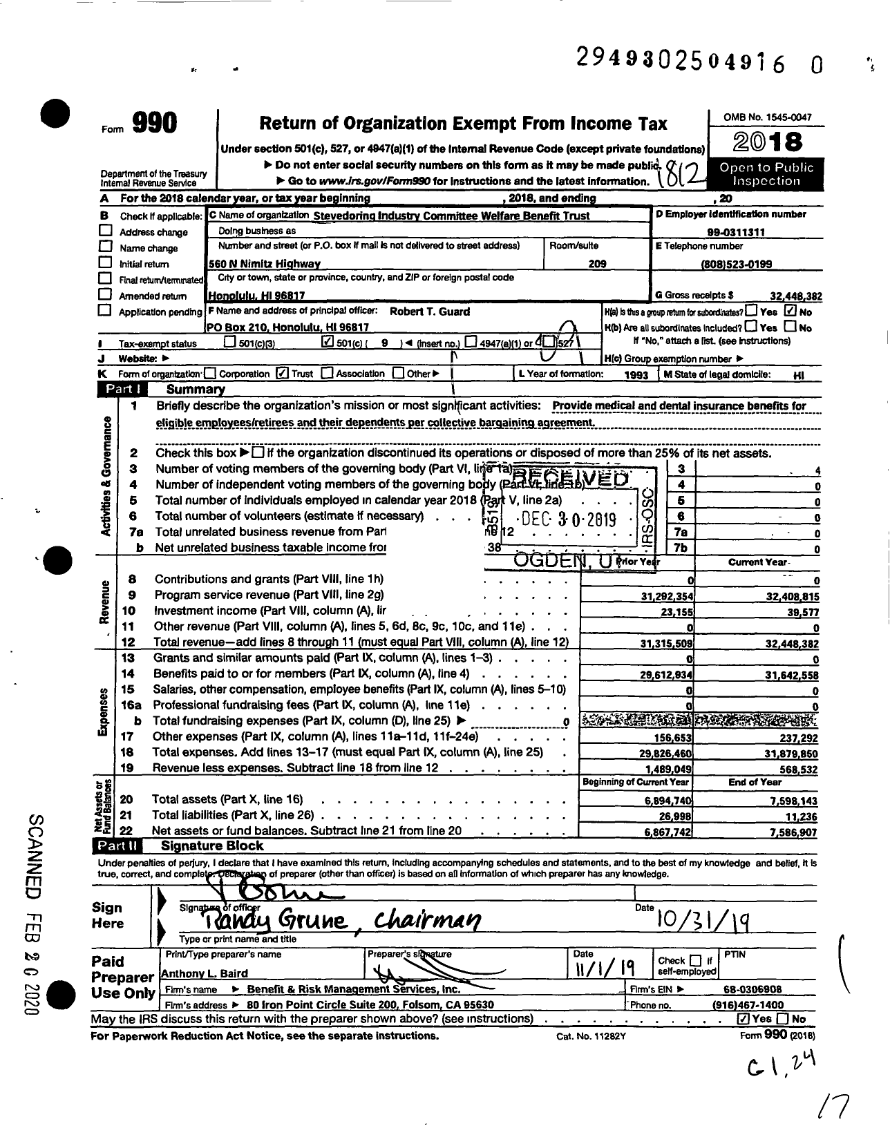 Image of first page of 2018 Form 990O for Stevedore Industry Committee Welfare Benefit Trust