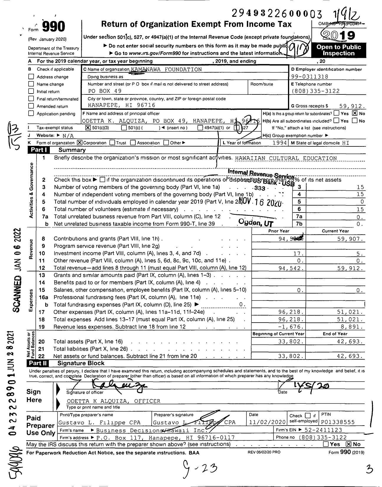 Image of first page of 2019 Form 990 for Kamanawa Foundation