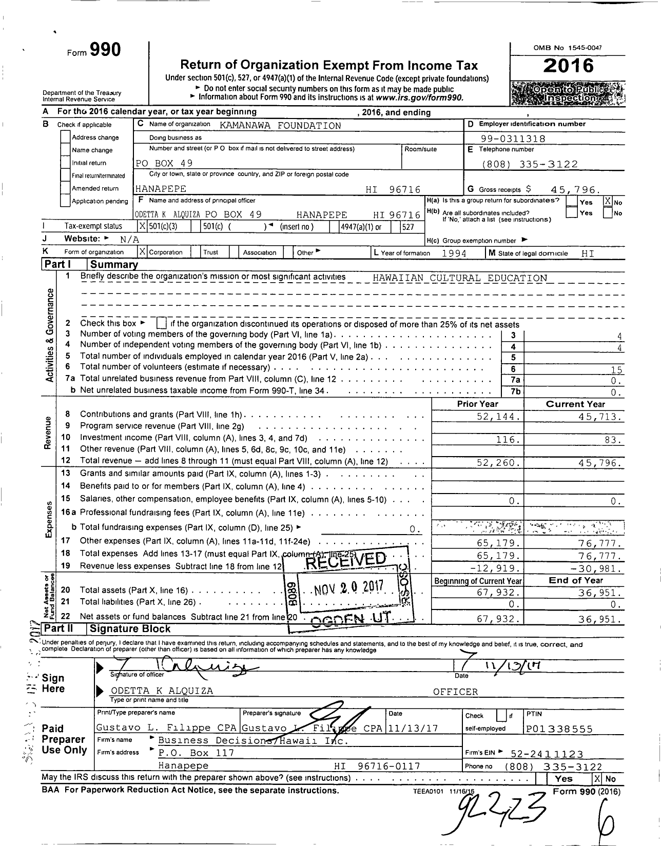 Image of first page of 2016 Form 990 for Kamanawa Foundation