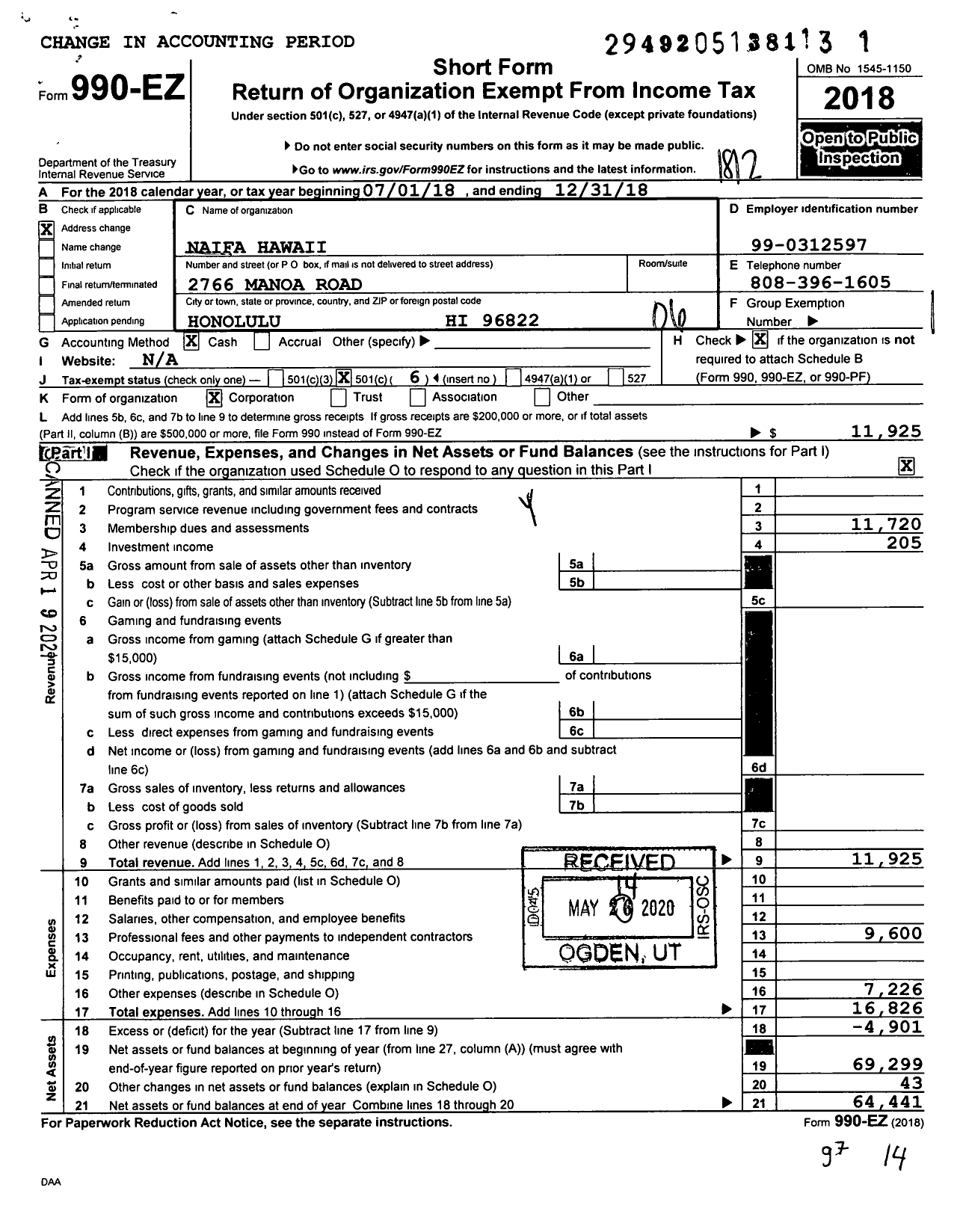 Image of first page of 2018 Form 990EO for Naifa Hawaii